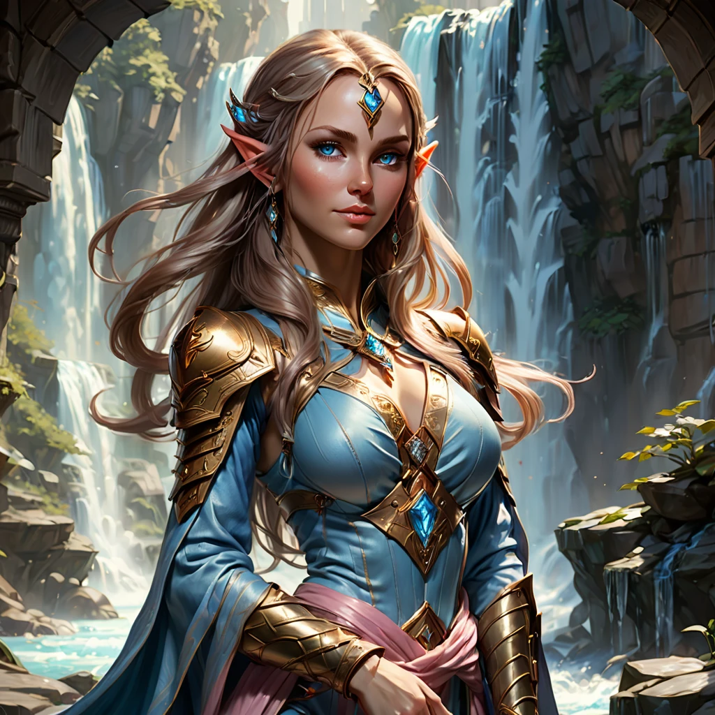 An exquisitely beautiful Elf woman from Warhammer 40.000, ((Full-body shot)), a Farseer of unwavering wisdom and power, Flawless, youthful face with high cheekbones and a serene expression, Almond-shaped blue eyes sparkling with inner light, Long, light brown hair flowing down her back like a shimmering river, Attire: Flowing Farseer robes in the traditional Aeldari style, dominated by a soft, ethereal light blue, Best quality, Delicate pink accents woven into the fabric, Armor plates of burnished gold adorning her shoulders and forearms, Background: Crystal pathways winding through the surrounding the artificial waterfall that matches the city's structure, Light Soft and diffuse, with the Farseer's own psychic energy subtly illuminating her figure and casting gentle shadows, Best quality, ultra-detailed, 8k.