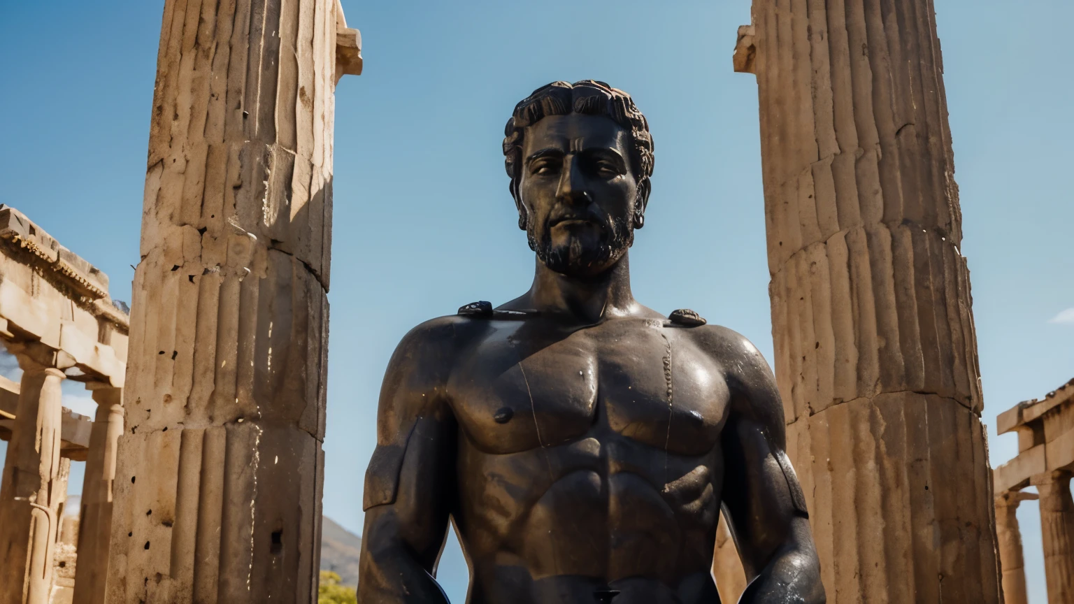 Ancient Stoic Statue With Very Angry Expression, tem barba, muitos detalhes em ambos os olhos, Outside, fundo atenas grego, open sky, com rosto extremamente detalhado full body view, Colors with low saturation with dark tone, Filmado em Sony A7S III com Sony FE 35mm f/1.8, 12.1 MP, --AR 3:2 --estilo cru