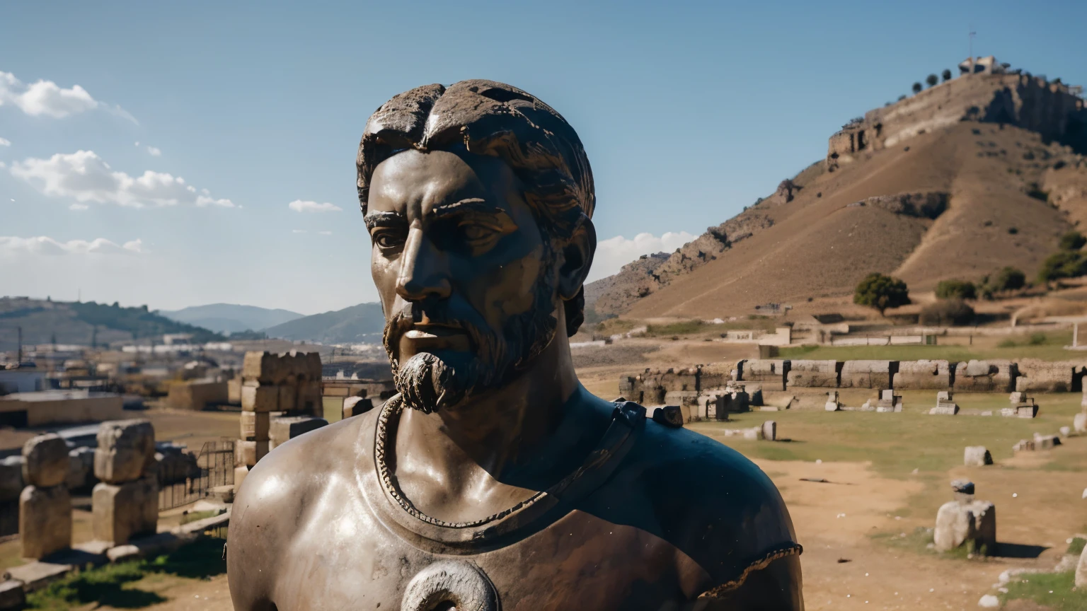 Ancient Stoic Statue With Very Angry Expression, tem barba, muitos detalhes em ambos os olhos, Outside, fundo atenas grego, open sky, com rosto extremamente detalhado full body view, Colors with low saturation with dark tone, Filmado em Sony A7S III com Sony FE 35mm f/1.8, 12.1 MP, --AR 3:2 --estilo cru