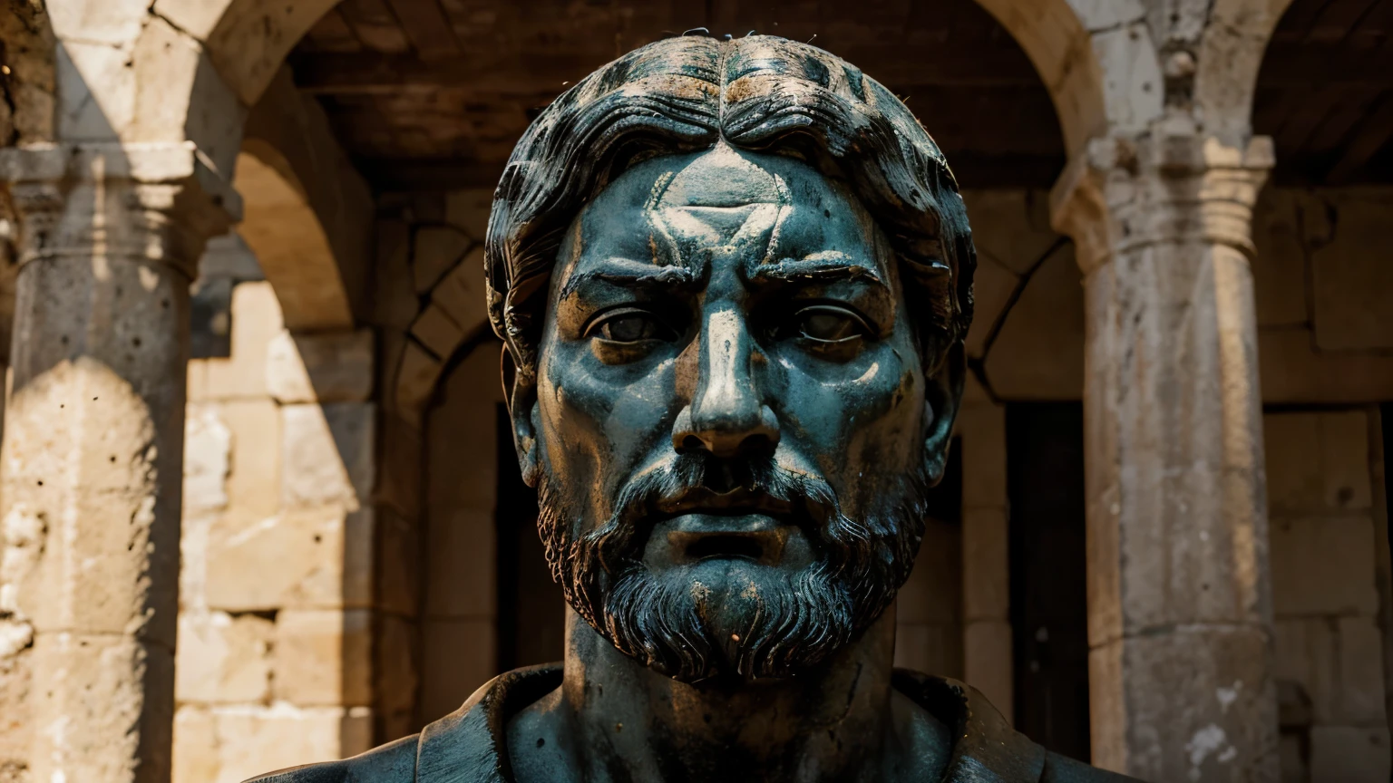 Ancient Stoic Statue With Very Angry Expression, tem barba, muitos detalhes em ambos os olhos, Outside, fundo atenas grego, open sky, com rosto extremamente detalhado full body view, Colors with low saturation with dark tone, Filmado em Sony A7S III com Sony FE 35mm f/1.8, 12.1 MP, --AR 3:2 --estilo cru
