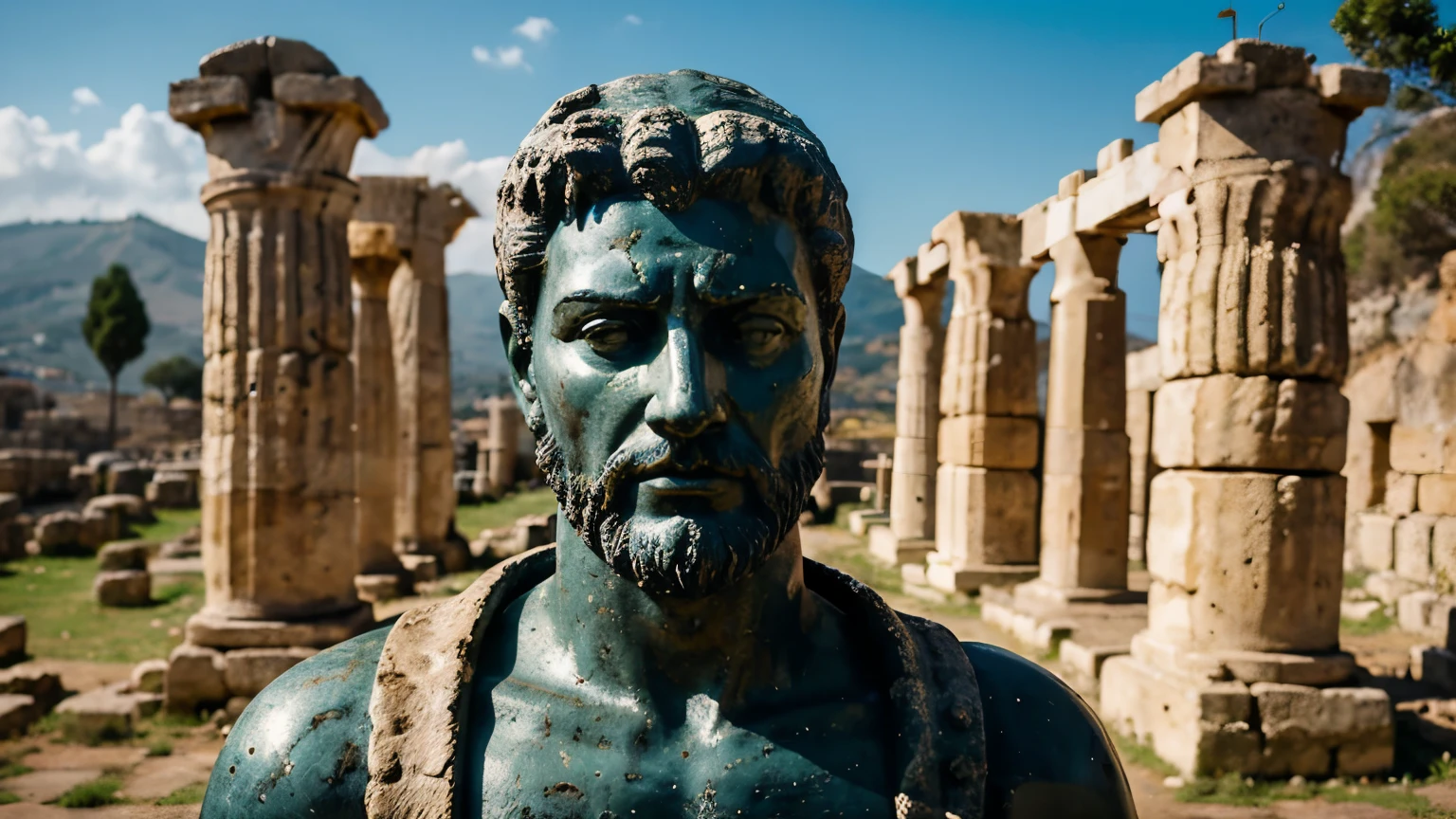 Ancient Stoic Statue With Very Angry Expression, tem barba, muitos detalhes em ambos os olhos, Outside, fundo atenas grego, open sky, com rosto extremamente detalhado full body view, Colors with low saturation with dark tone, Filmado em Sony A7S III com Sony FE 35mm f/1.8, 12.1 MP, --AR 3:2 --estilo cru