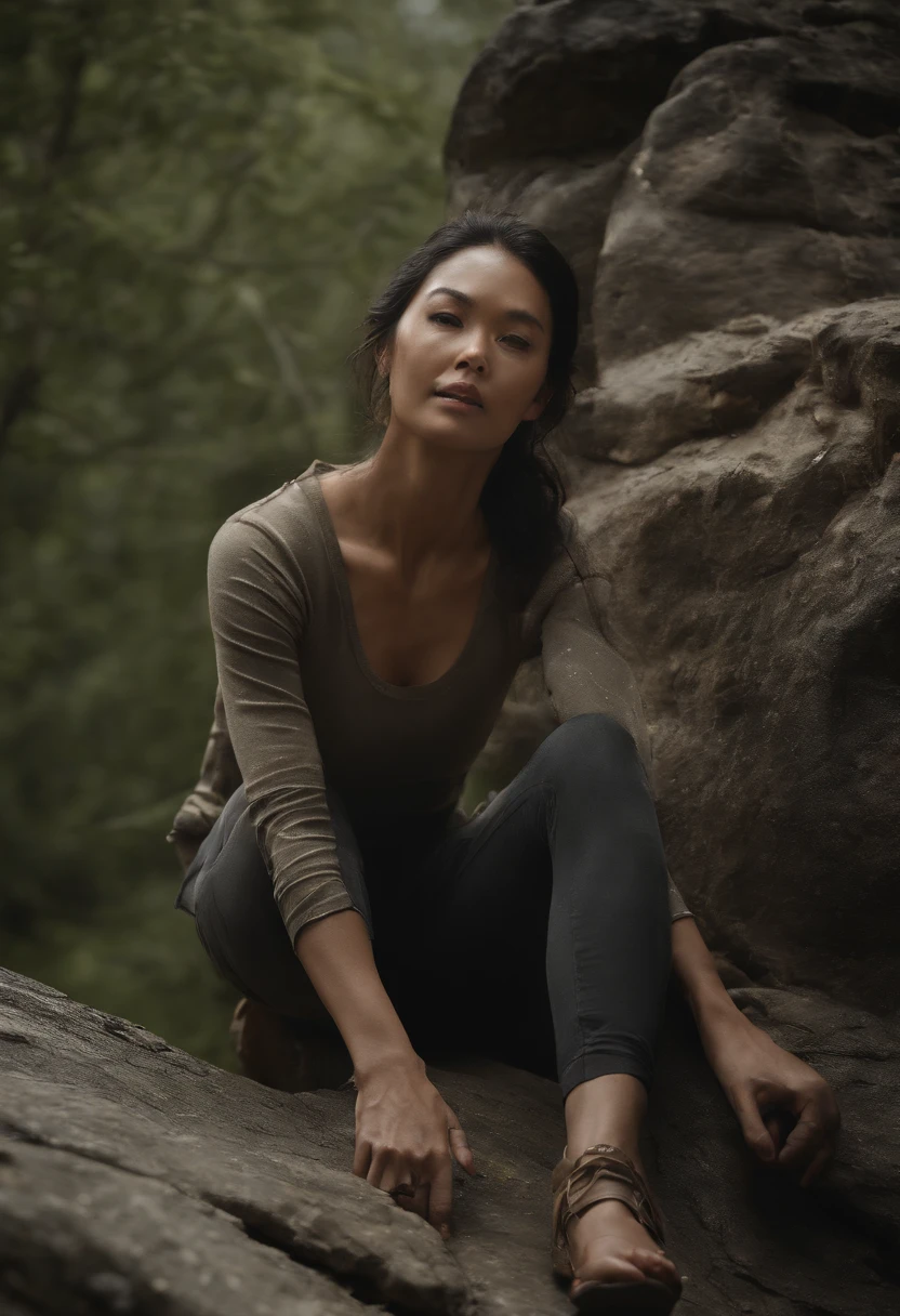 octane render, 16k resolution, realistic, realism, dynamic angle shots, focus on the face of a beautiful korean woman, long black hair, rock climber, going down on a rocky mountain , climbing ropes and gears, wearing goggles , wearing tight sport suit, raining , fogs, dramatic angle , action poses, dramatic poses