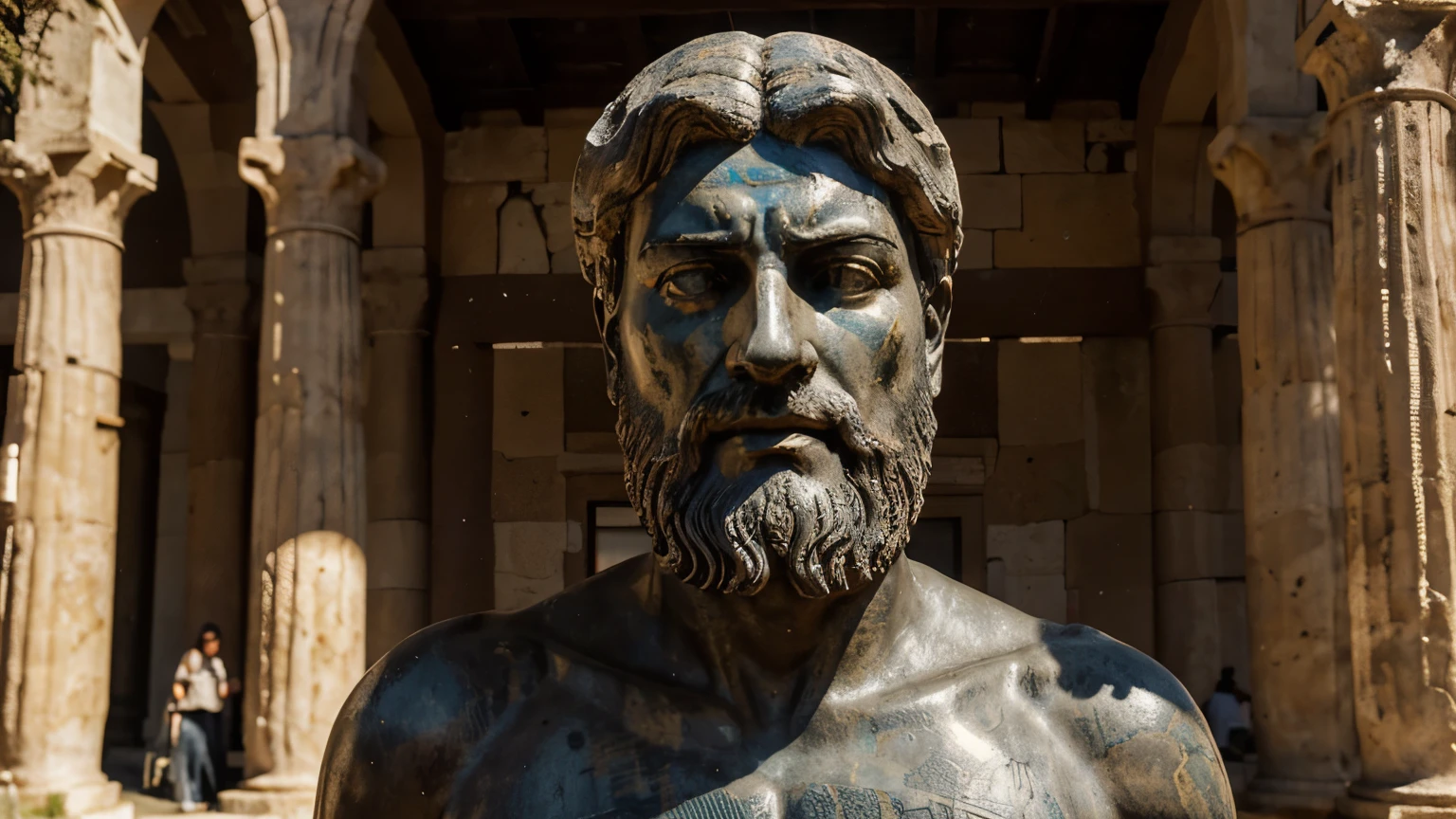 Ancient Stoic Statue With Very Angry Expression, tem barba, muitos detalhes em ambos os olhos, Outside, fundo atenas grego, open sky, com rosto extremamente detalhado full body view, Colors with low saturation with dark tone, Filmado em Sony A7S III com Sony FE 35mm f/1.8, 12.1 MP, --AR 3:2 --estilo cru