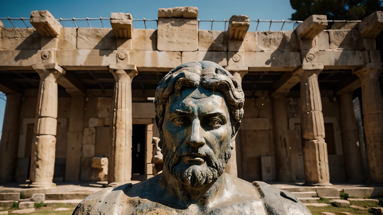 Ancient Stoic Statue With Very Angry Expression, tem barba, muitos detalhes em ambos os olhos, Outside, fundo atenas grego, open sky, com rosto extremamente detalhado full body view, Colors with low saturation with dark tone, Filmado em Sony A7S III com Sony FE 35mm f/1.8, 12.1 MP, --AR 3:2 --estilo cru