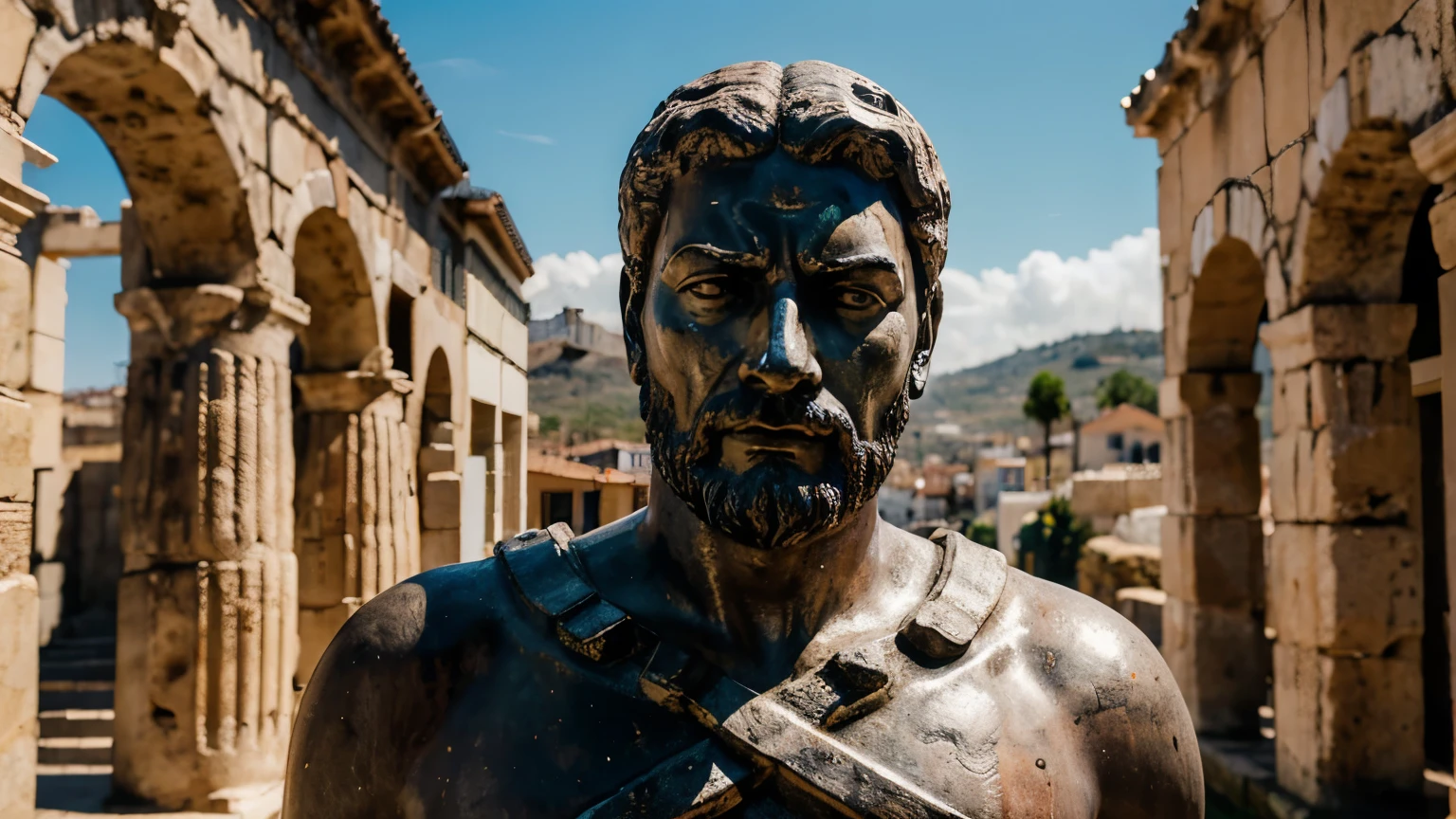 Ancient Stoic Statue With Very Angry Expression, tem barba, muitos detalhes em ambos os olhos, Outside, fundo atenas grego, open sky, com rosto extremamente detalhado full body view, Colors with low saturation with dark tone, Filmado em Sony A7S III com Sony FE 35mm f/1.8, 12.1 MP, --AR 3:2 --estilo cru