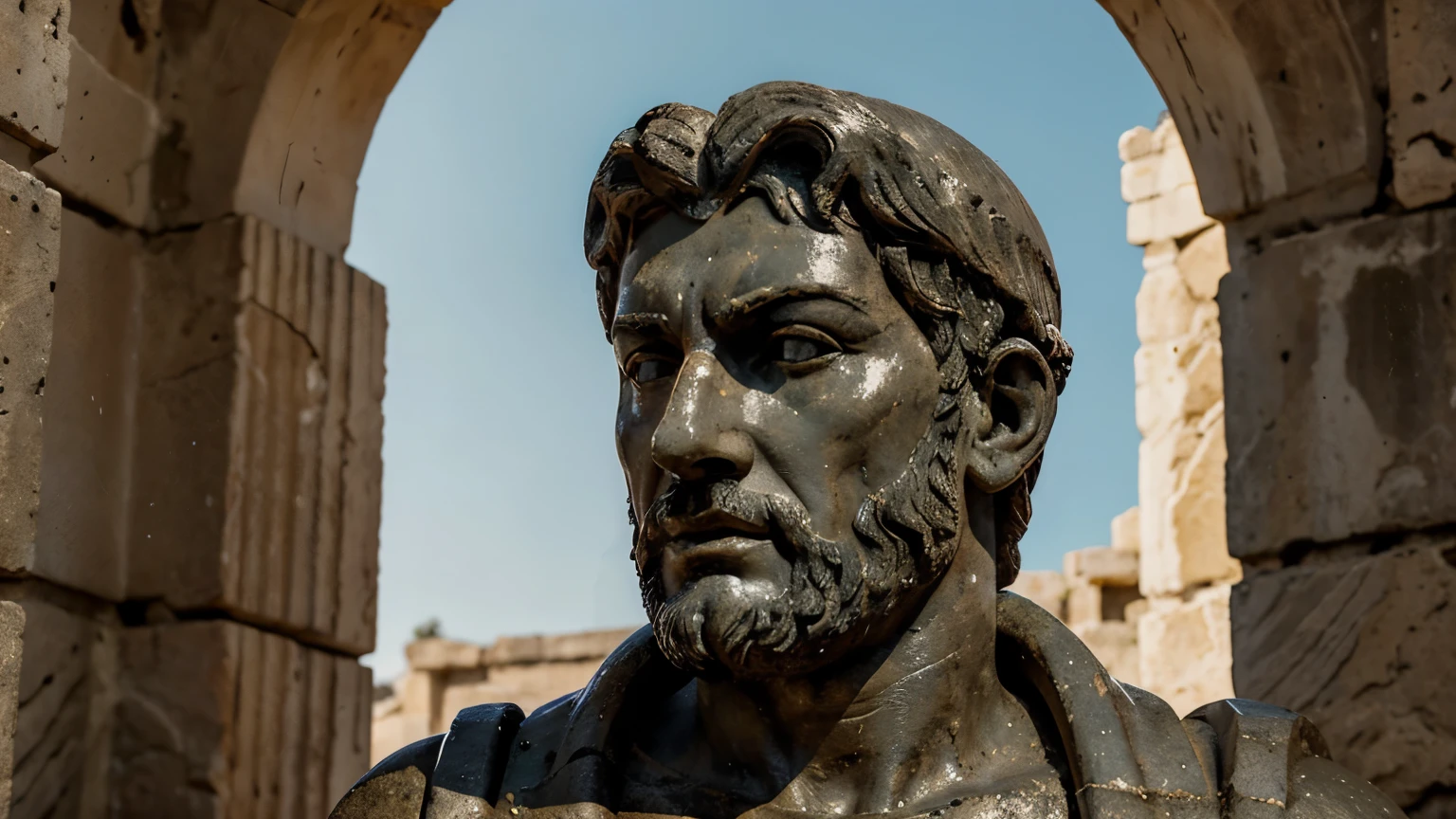 Ancient Stoic Statue With Very Angry Expression, tem barba, muitos detalhes em ambos os olhos, Outside, fundo atenas grego, open sky, com rosto extremamente detalhado full body view, Colors with low saturation with dark tone, Filmado em Sony A7S III com Sony FE 35mm f/1.8, 12.1 MP, --AR 3:2 --estilo cru