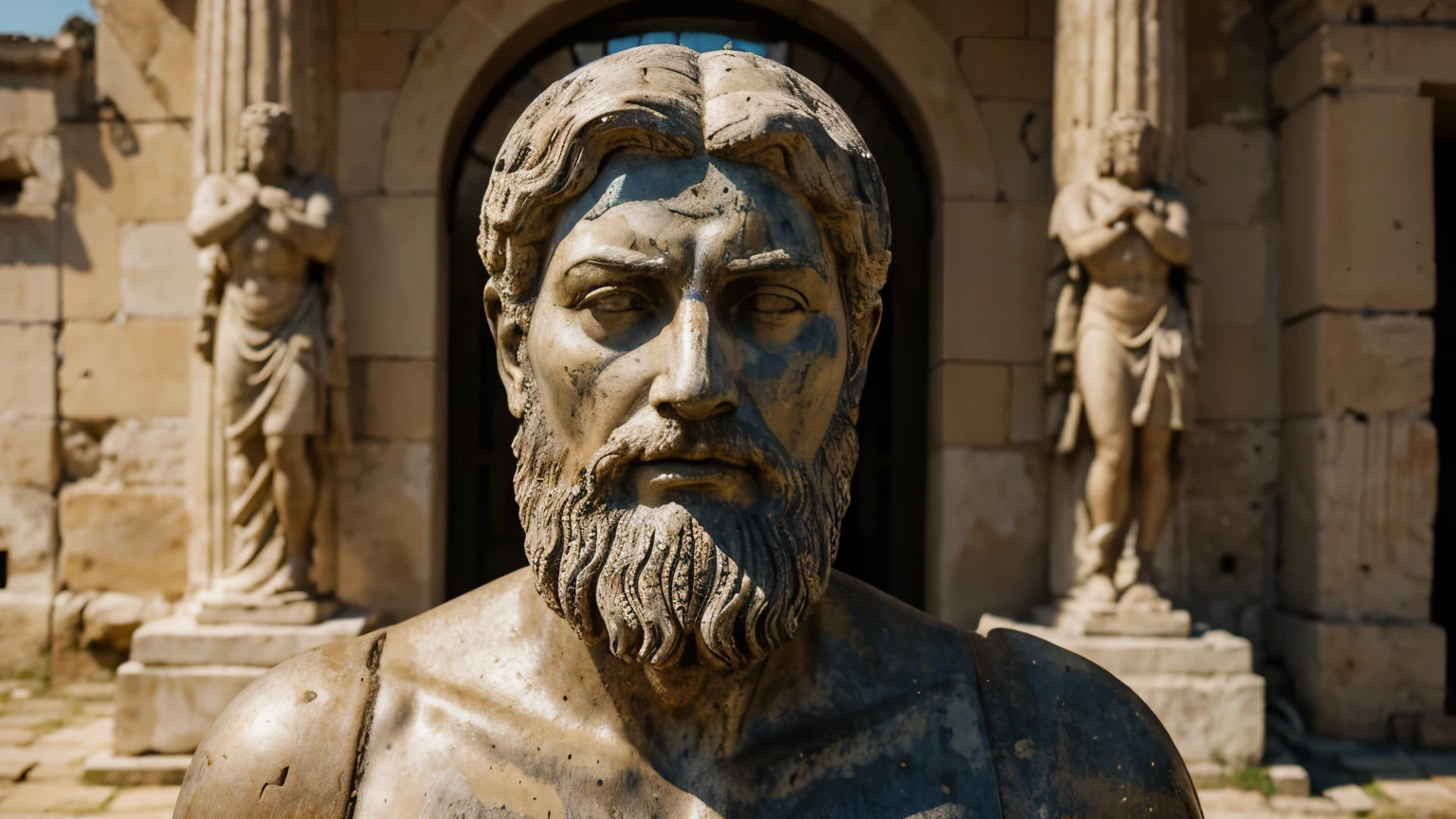 Ancient Stoic Statue With Very Angry Expression, tem barba, muitos detalhes em ambos os olhos, Outside, fundo atenas grego, open sky, com rosto extremamente detalhado full body view, Colors with low saturation with dark tone, Filmado em Sony A7S III com Sony FE 35mm f/1.8, 12.1 MP, --AR 3:2 --estilo cru