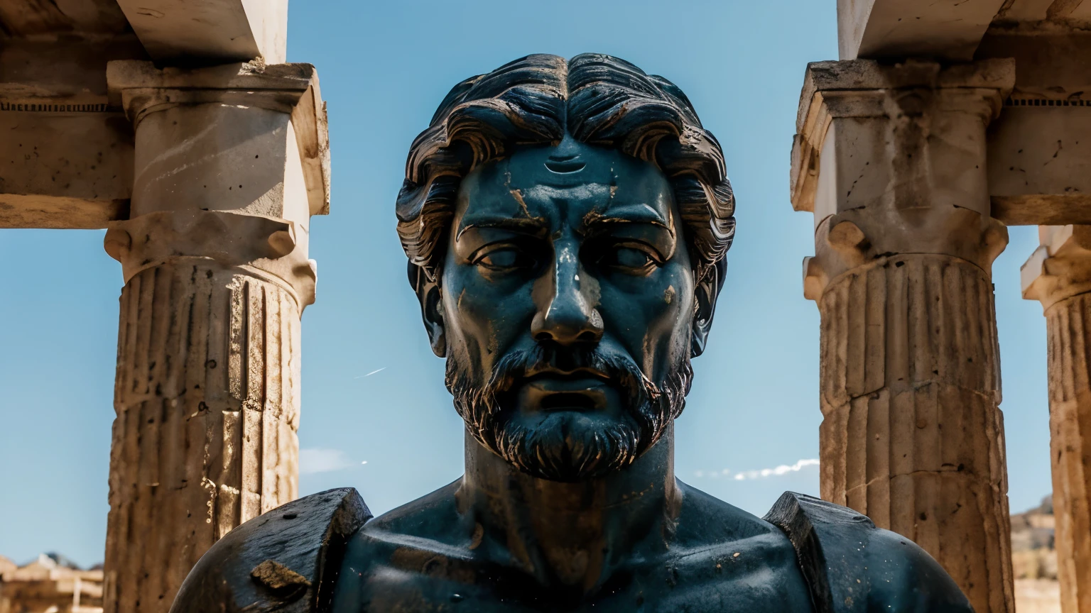Ancient Stoic Statue With Very Angry Expression, tem barba, muitos detalhes em ambos os olhos, Outside, fundo atenas grego, open sky, com rosto extremamente detalhado full body view, Colors with low saturation with dark tone, Filmado em Sony A7S III com Sony FE 35mm f/1.8, 12.1 MP, --AR 3:2 --estilo cru