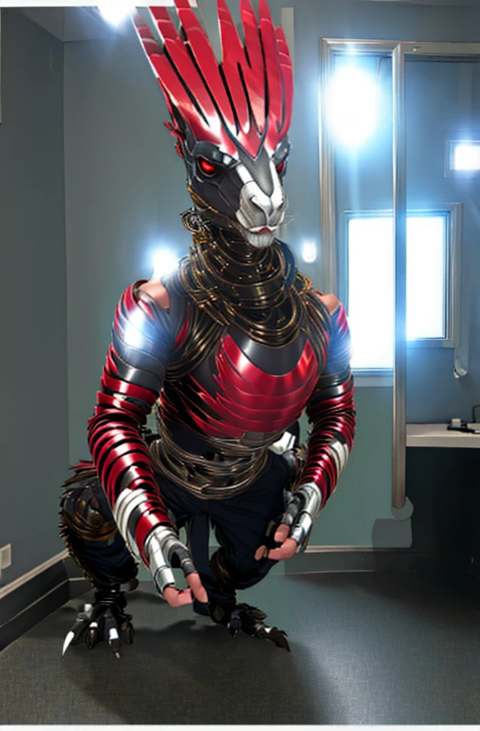 Ultra high resolution, best quality, (mirror selfie:1.4), transformation art,  (half transformation),  I see my reflection on the shiny metal wall as I morph into a mechanical deinonychus fursuit. dripping liquid metal coats my skin. I am inside a strange factory chamber, (half human:1.3), (red:1.9) (black:1.5) (purple:1.1), ((metallic liquid goo partial dripping encasement)), zipper, Horizon Zero Dawn style.