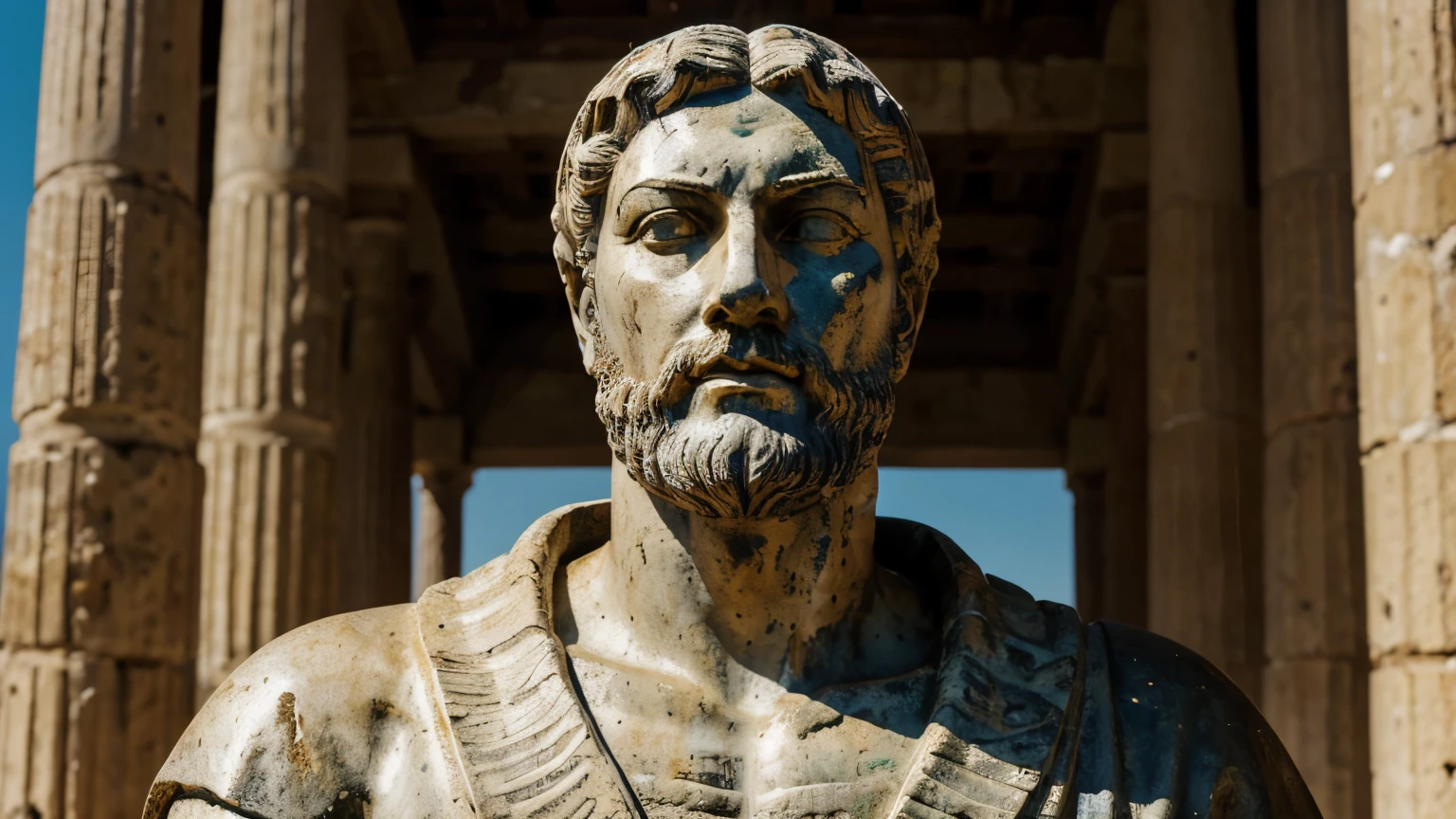 Ancient Stoic Statue With Very Angry Expression, tem barba, muitos detalhes em ambos os olhos, Outside, fundo atenas grego, open sky, com rosto extremamente detalhado full body view, Colors with low saturation with dark tone, Filmado em Sony A7S III com Sony FE 35mm f/1.8, 12.1 MP, --AR 3:2 --estilo cru