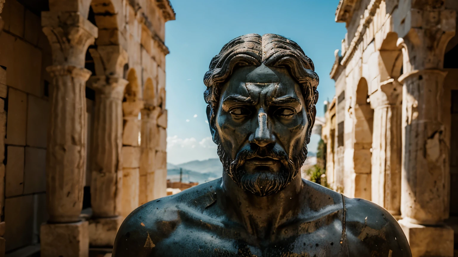 Ancient Stoic Statue With Very Angry Expression, tem barba, muitos detalhes em ambos os olhos, Outside, fundo atenas grego, open sky, com rosto extremamente detalhado full body view, Colors with low saturation with dark tone, Filmado em Sony A7S III com Sony FE 35mm f/1.8, 12.1 MP, --AR 3:2 --estilo cru