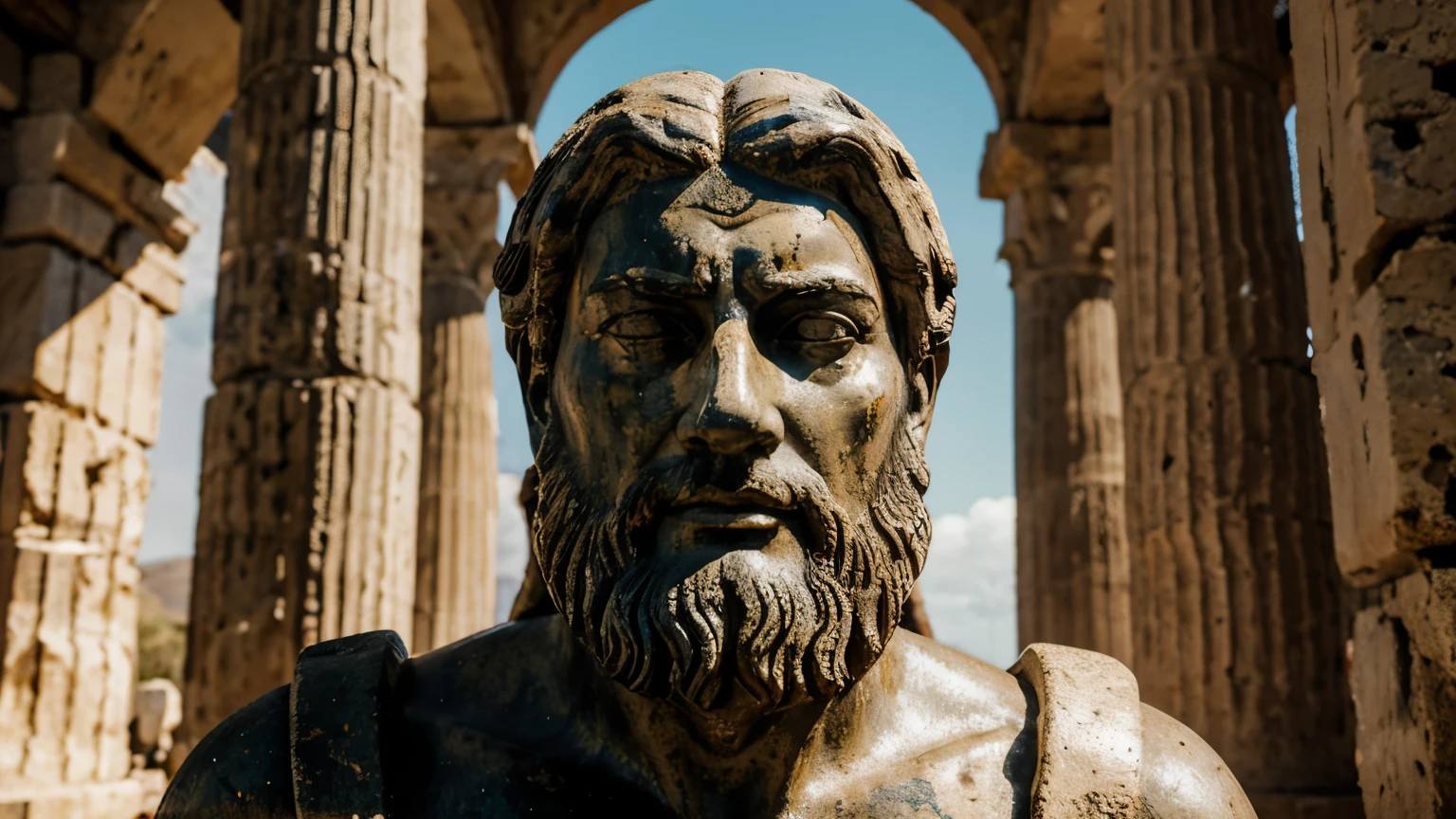 Ancient Stoic Statue With Very Angry Expression, tem barba, muitos detalhes em ambos os olhos, Outside, fundo atenas grego, open sky, com rosto extremamente detalhado full body view, Colors with low saturation with dark tone, Filmado em Sony A7S III com Sony FE 35mm f/1.8, 12.1 MP, --AR 3:2 --estilo cru