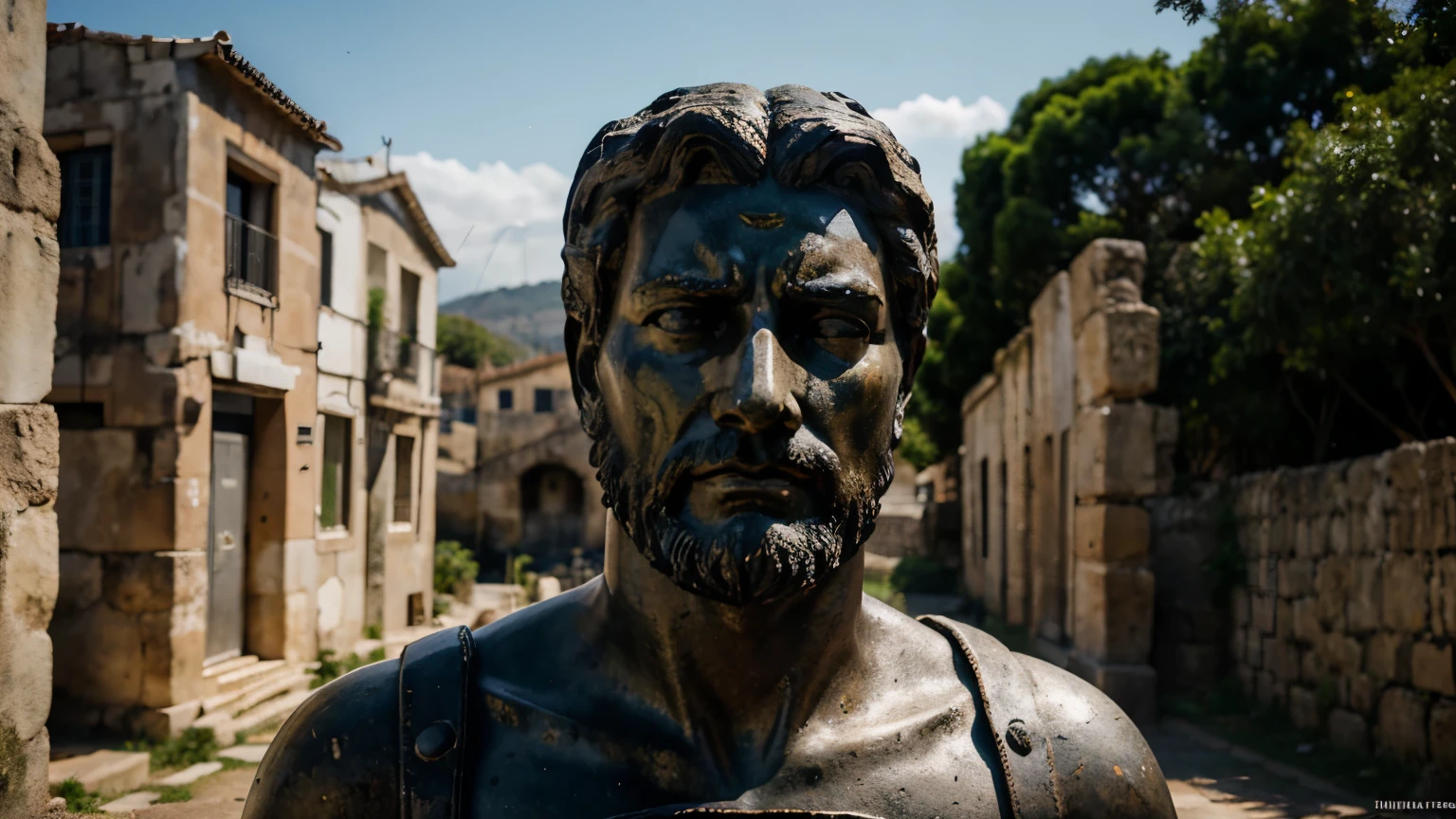 Ancient Stoic Statue With Very Angry Expression, tem barba, muitos detalhes em ambos os olhos, Outside, fundo atenas grego, open sky, com rosto extremamente detalhado full body view, Colors with low saturation with dark tone, Filmado em Sony A7S III com Sony FE 35mm f/1.8, 12.1 MP, --AR 3:2 --estilo cru
