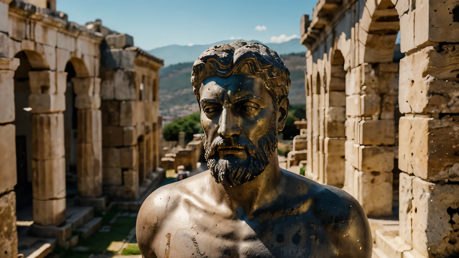 Ancient Stoic Statue With Very Angry Expression, tem barba, muitos detalhes em ambos os olhos, Outside, fundo atenas grego, open sky, com rosto extremamente detalhado full body view, Colors with low saturation with dark tone, Filmado em Sony A7S III com Sony FE 35mm f/1.8, 12.1 MP, --AR 3:2 --estilo cru