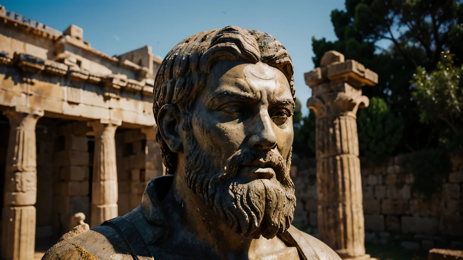 Ancient Stoic Statue With Very Angry Expression, tem barba, muitos detalhes em ambos os olhos, Outside, fundo atenas grego, open sky, com rosto extremamente detalhado full body view, Colors with low saturation with dark tone, Filmado em Sony A7S III com Sony FE 35mm f/1.8, 12.1 MP, --AR 3:2 --estilo cru