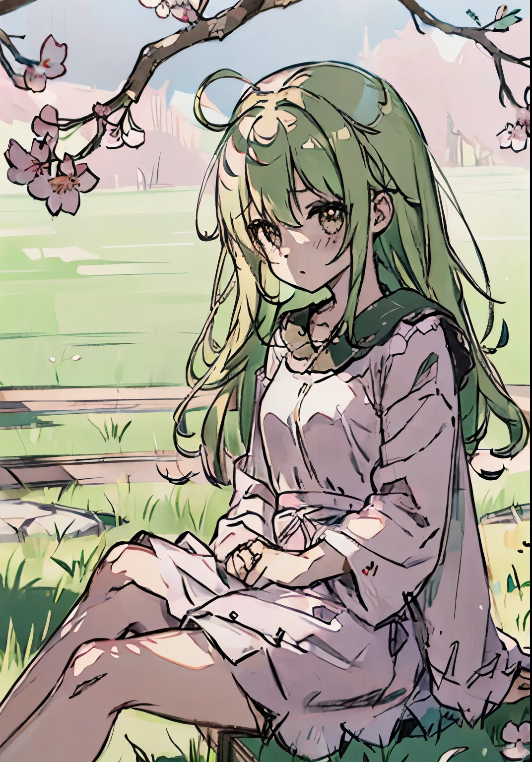 A cherry blossom tree on the right side of the screen,green grasslands,girl sitting under tree