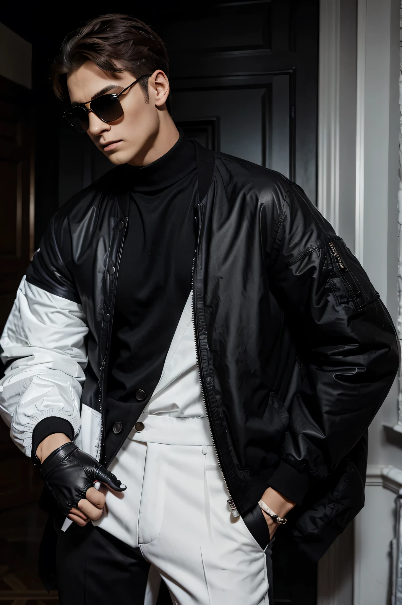 A young man in sunglasses in a high-resolution mansion with a black glove, uma jaqueta preta, a white outfit and black pants 