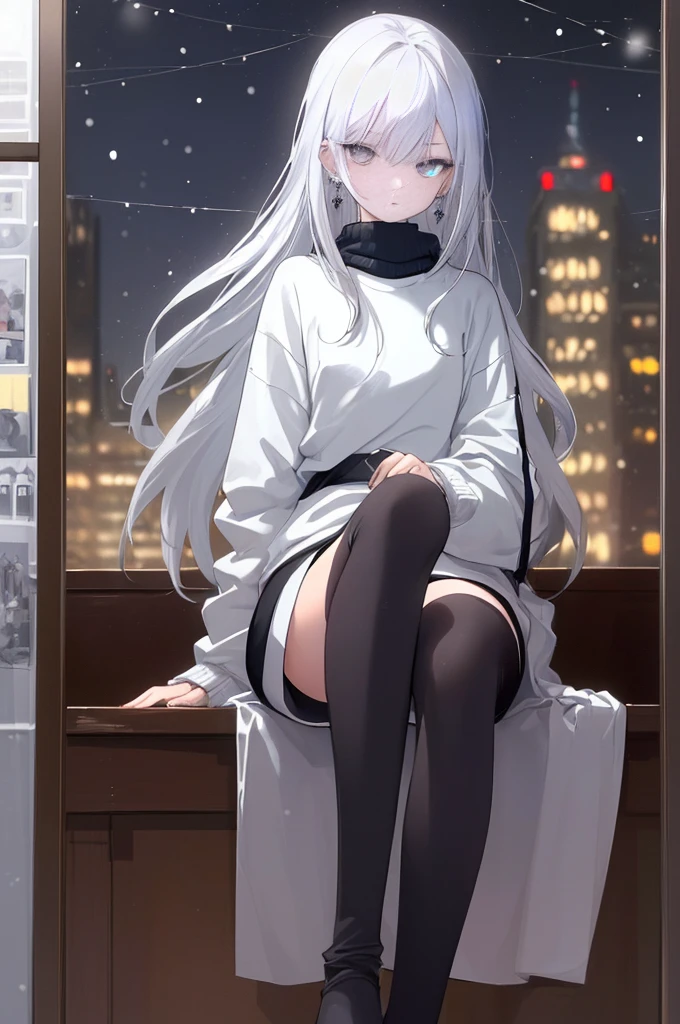 ((masterpiece:1.4, best quality:1.2)), 1girl, solo focus, beautiful skin, white sweatshirt, long white hair, grey eyes, black legwear, sitting, earrings, piercing, coffee shop window, night, snowing, cityscape, tall female, beautiful and delicate female, comfy ambience, {correct posing}, {detailed background}, a miniskirt