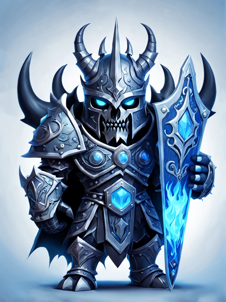 A masterpiece in maximum resolution 16K, cute colorful cartoon style with bold lines, Fantasy illustration (with a giant magic shield) which contains a single image of the powerful Lich King, the shield also has complex, rich Gothic patterns, simple background with ethereal soft blue flames. | ((More_detail))