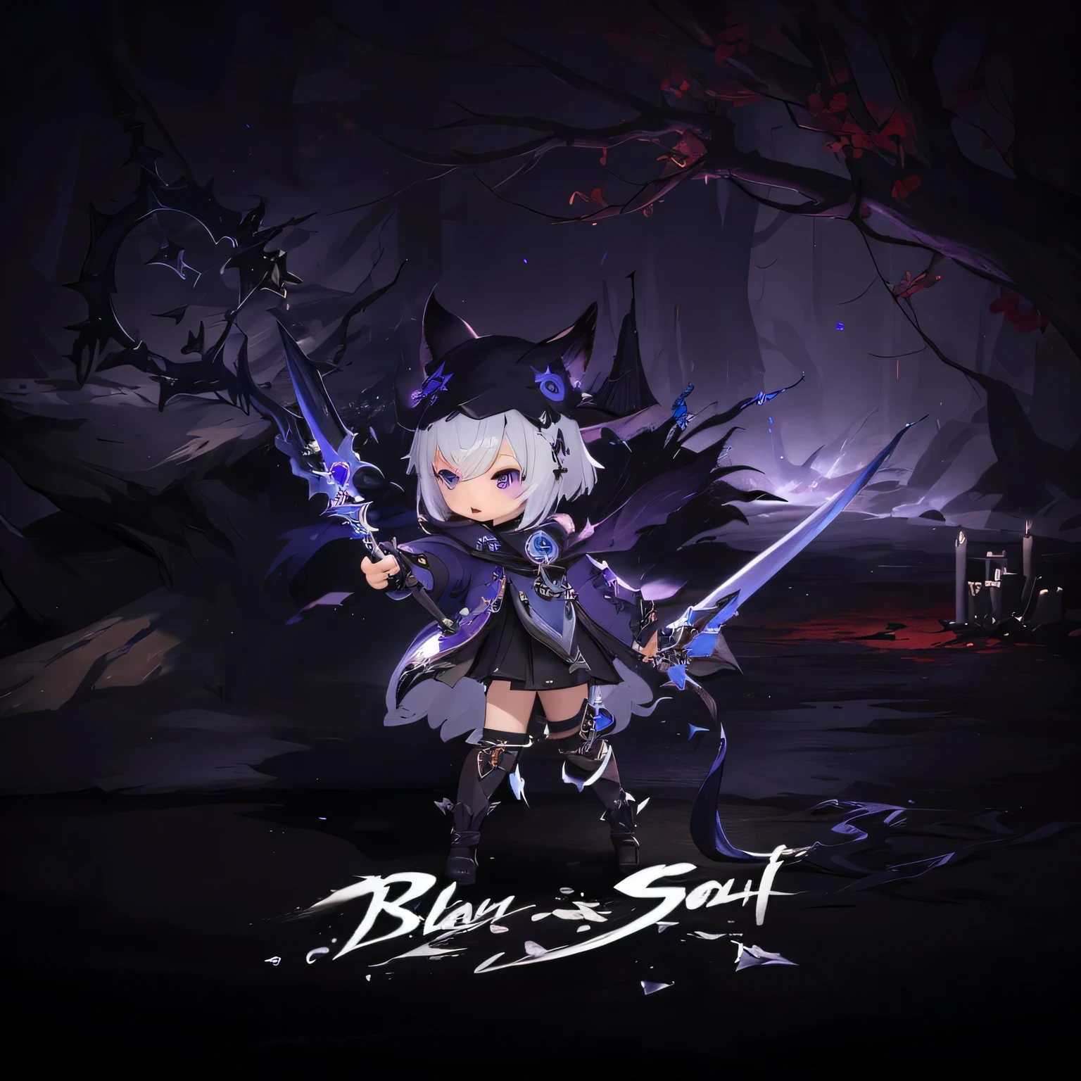 a close up of a person holding a sword in a dark room, blade and soul, <mmorpgs scene, lalafell, korean mmo, mmorpg, mmorpg fantasy, korean mmorpg, maple story gun girl, wearing dark purple armor, game cg, lunar themed attire, from bravely default ii, from ncsoft, new character, 2. 5 d cgi anime fantasy artwork