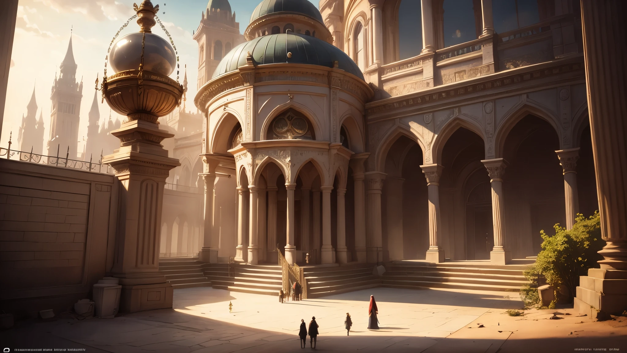 neo-classical, Ray tracing, Sparkle, Ultra-wide angle, kanon, f/4.0, hyper HD, 巨作, Best quality, A high resolution, Award-Awarded, 16k,Alchemy,Fantasy, Bazaar, Sand, Marketplace, Giant hourglass, sun, stands, building, streetlights, robes, gold, banners, Glass, ships,