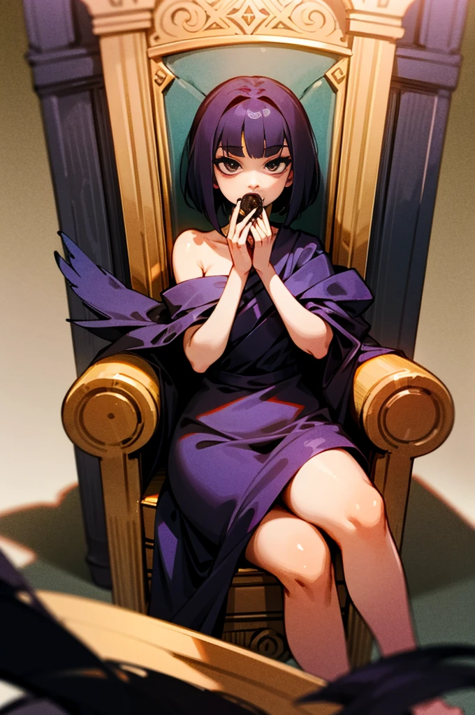 Raven sitting on a large throne, cookie in her mouth, naked, bored.
