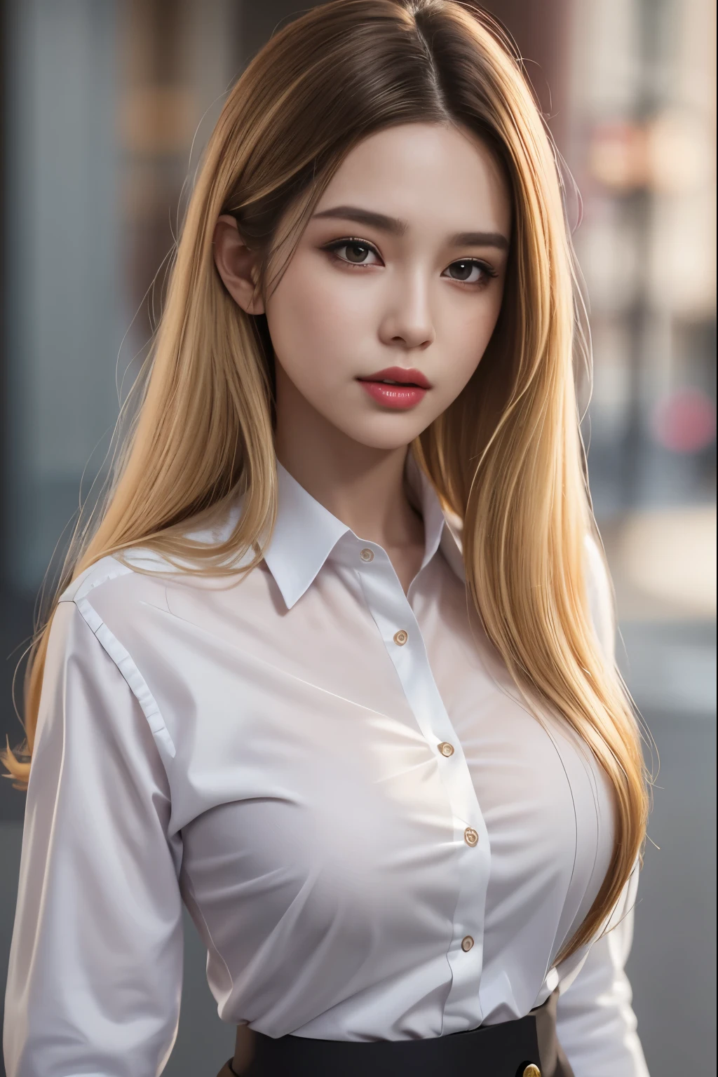 best quality, ultra high res, (photorealistic:1.4), 1girl, button shirt, black skirt, school, dark brown hair, breasts, (blonde hair:1.2), looking at viewer, (highly detailed face:1.1),, (PureErosFace_V1:0.8),tiktok,