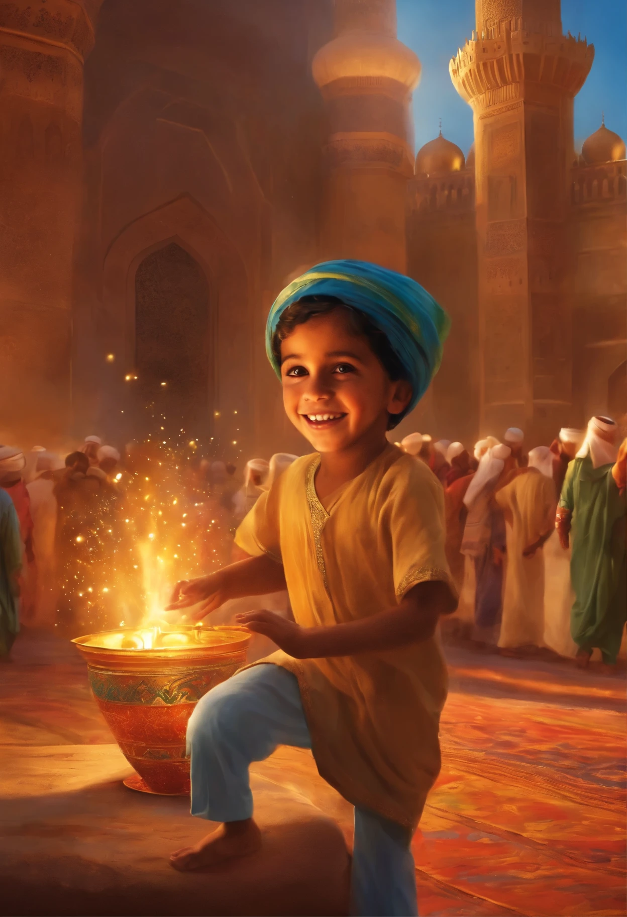 Describe the joyful innocence of a young boy exploring the vibrant colors and lively atmosphere of Mecca during a festive celebration."realistic detailed