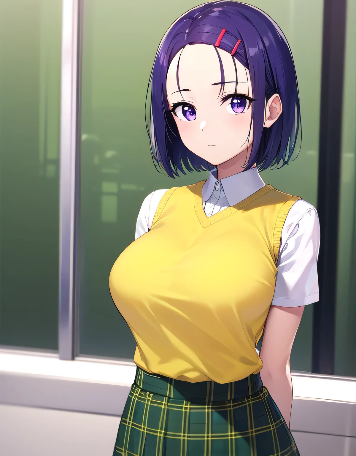 Haruna Sairenji, hair ornaments, hair clip, (purple eyes:1.1), purple hair, short hair, flowing bangs, (amount:1.2),green skirt, Plaid, Plaid skirt, Sainan High School , skirt, sweater vest, (yellow sweater:1.3), short sleeve,(big breasts:1.5),looking at the viewer,Are standing,(((masterpiece))),((highest quality)),perfect anatomy,8K UHD,highly detailed face,luster and luster,((1 girl)),((alone)),beautiful and fine eyes,perfect image,(Upper body:1.1),(look ahead:1.1),turn your arms behind your back,slim waist,(shiny hair),super detailed,disorganized,