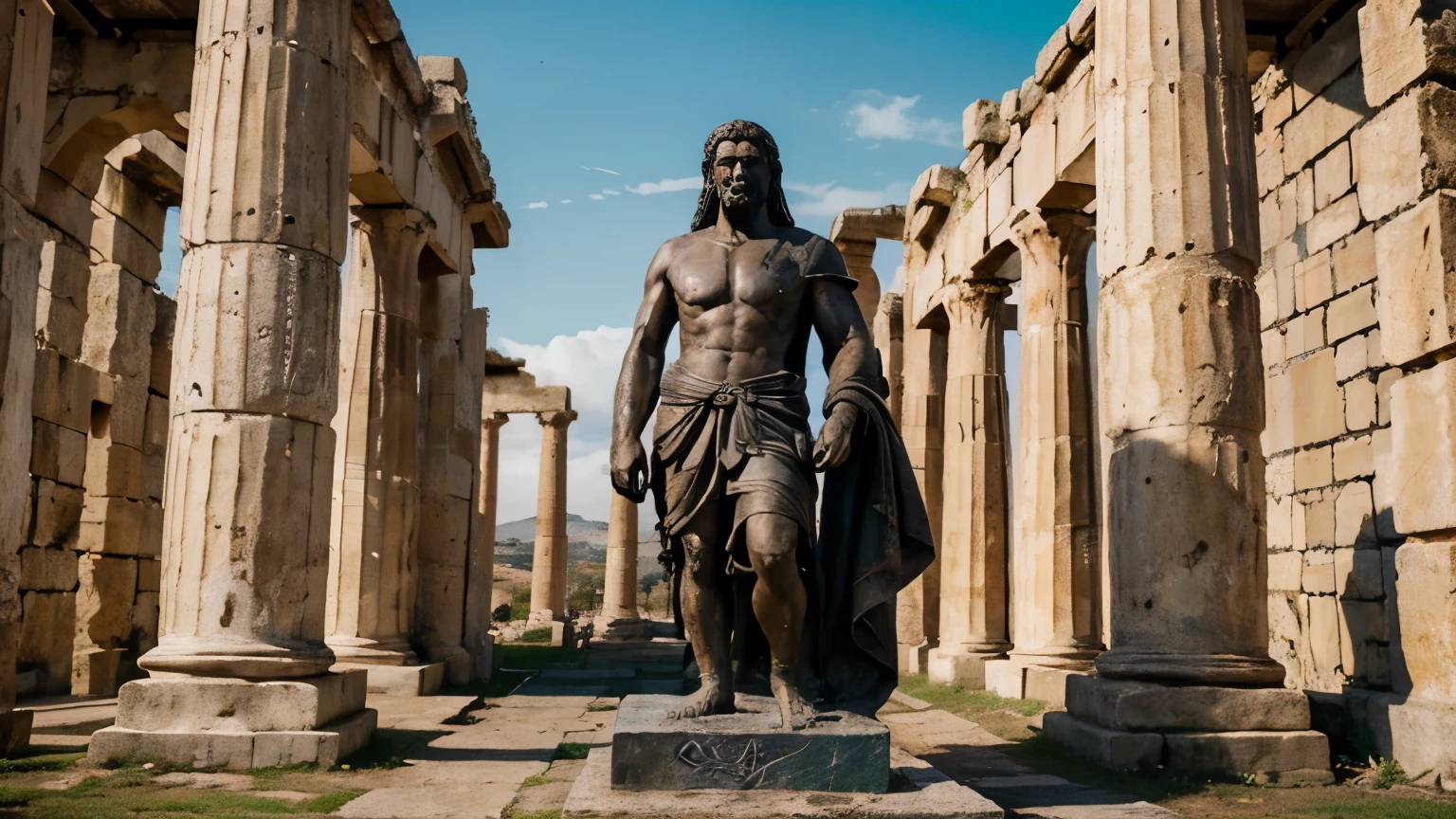 Ancient Stoic Statue With Very Angry Expression, tem barba, muitos detalhes em ambos os olhos, Outside, fundo atenas grego, open sky, com rosto extremamente detalhado full body view, Colors with low saturation with dark tone, Filmado em Sony A7S III com Sony FE 35mm f/1.8, 12.1 MP, --AR 3:2 --estilo cru