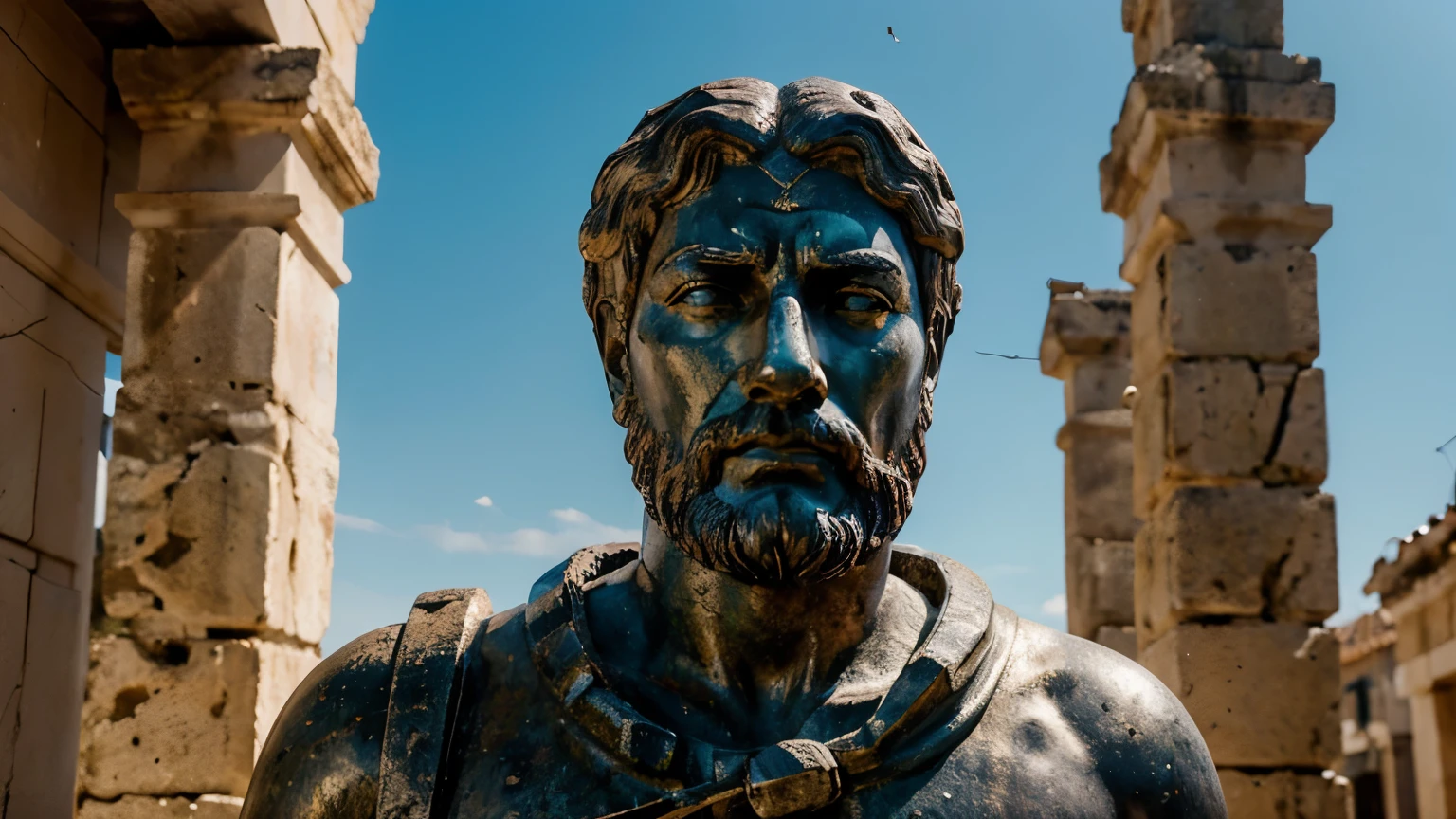 Ancient Stoic Statue With Very Angry Expression, tem barba, muitos detalhes em ambos os olhos, Outside, fundo atenas grego, open sky, com rosto extremamente detalhado full body view, Colors with low saturation with dark tone, Filmado em Sony A7S III com Sony FE 35mm f/1.8, 12.1 MP, --AR 3:2 --estilo cru