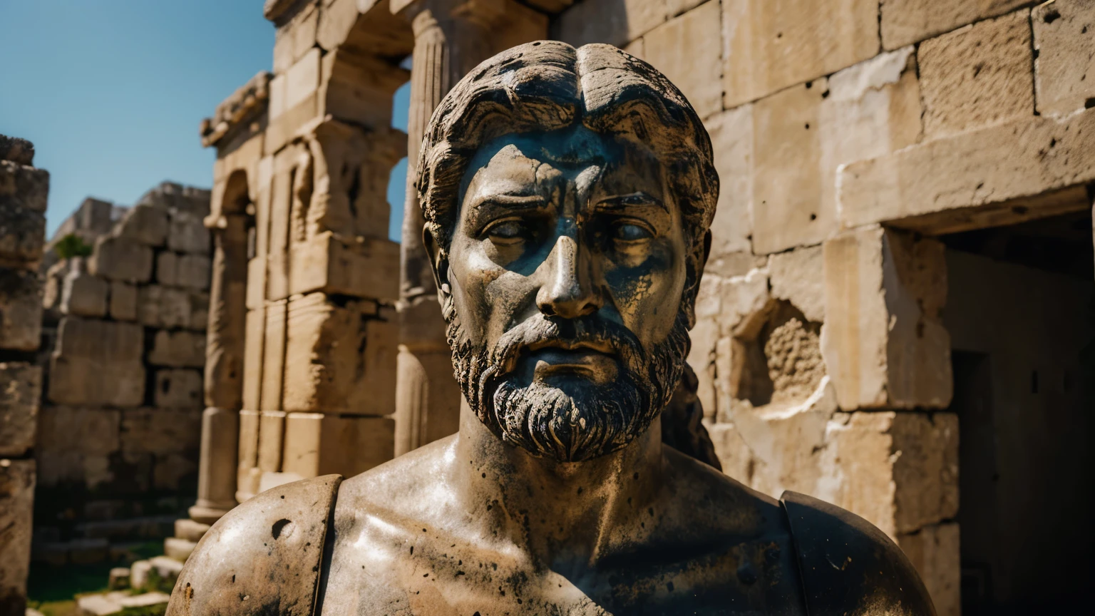 Ancient Stoic Statue With Very Angry Expression, tem barba, muitos detalhes em ambos os olhos, Outside, fundo atenas grego, open sky, com rosto extremamente detalhado full body view, Colors with low saturation with dark tone, Filmado em Sony A7S III com Sony FE 35mm f/1.8, 12.1 MP, --AR 3:2 --estilo cru