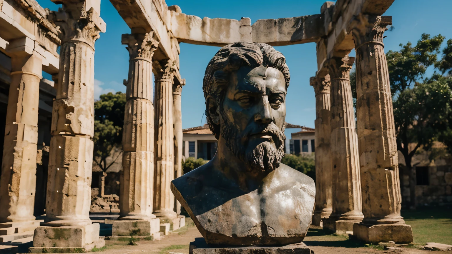 Ancient Stoic Statue With Very Angry Expression, tem barba, muitos detalhes em ambos os olhos, Outside, fundo atenas grego, open sky, com rosto extremamente detalhado full body view, Colors with low saturation with dark tone, Filmado em Sony A7S III com Sony FE 35mm f/1.8, 12.1 MP, --AR 3:2 --estilo cru