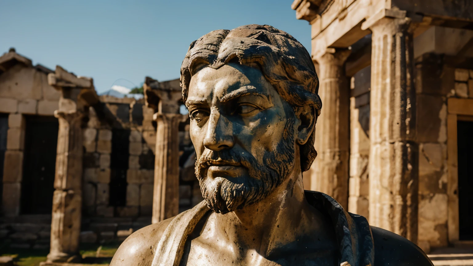 Ancient Stoic Statue With Very Angry Expression, tem barba, muitos detalhes em ambos os olhos, Outside, fundo atenas grego, open sky, com rosto extremamente detalhado full body view, Colors with low saturation with dark tone, Filmado em Sony A7S III com Sony FE 35mm f/1.8, 12.1 MP, --AR 3:2 --estilo cru