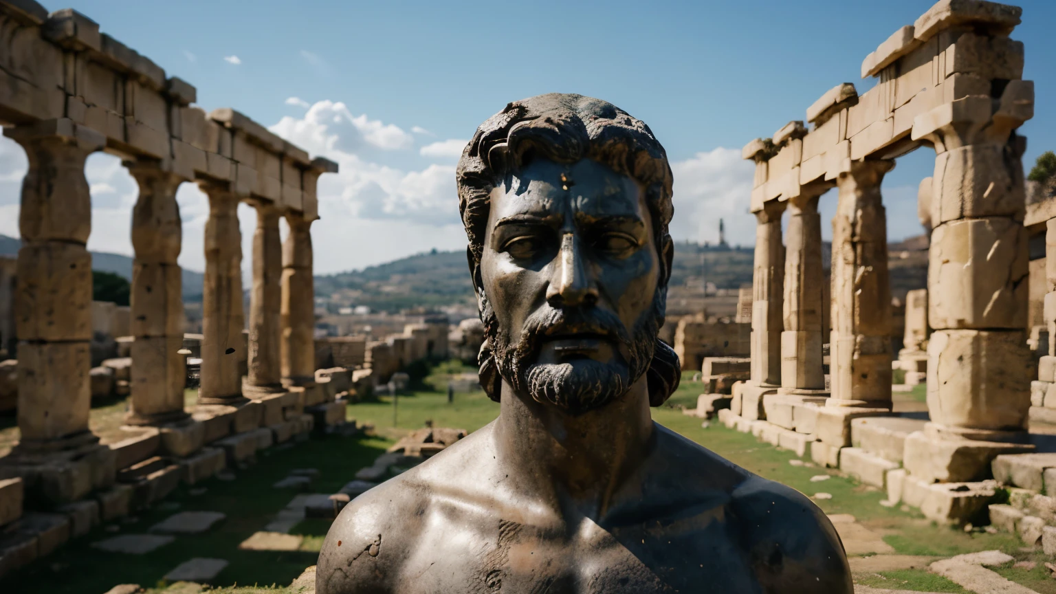 Ancient Stoic Statue With Very Angry Expression, tem barba, muitos detalhes em ambos os olhos, Outside, fundo atenas grego, open sky, com rosto extremamente detalhado full body view, Colors with low saturation with dark tone, Filmado em Sony A7S III com Sony FE 35mm f/1.8, 12.1 MP, --AR 3:2 --estilo cru
