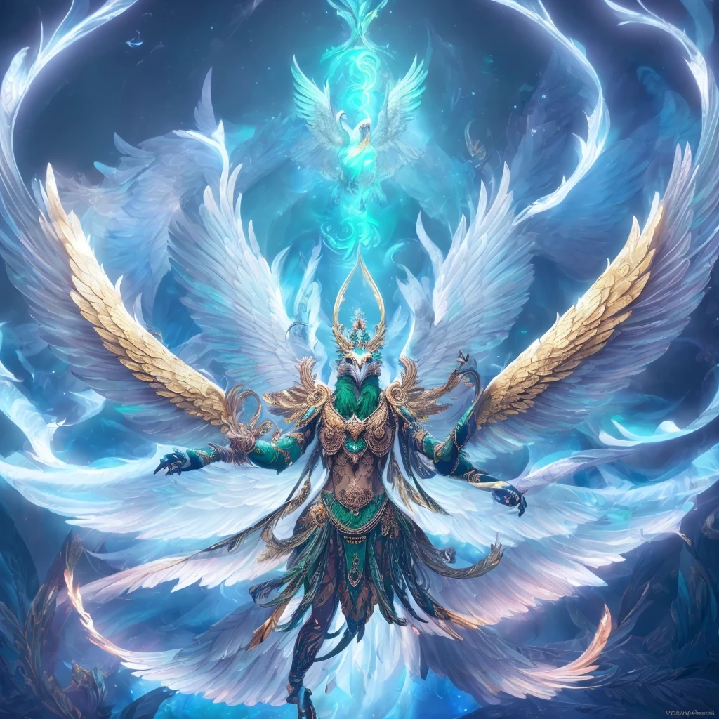 garuda,illustration,feathers,exquisite details,best quality,4k,8k,highres,masterpiece:1.2,ultra-detailed,realistic,photorealistic:1.37,emerald green,bright and vibrant,color saturation,sharp focus,physically-based rendering,professional,mythological creature,divine,mythical bird,mythology,huge wings,fierce expression,glowing eyes,proud and majestic pose,golden body,ornate patterns,serene background,lush garden,luminous lighting