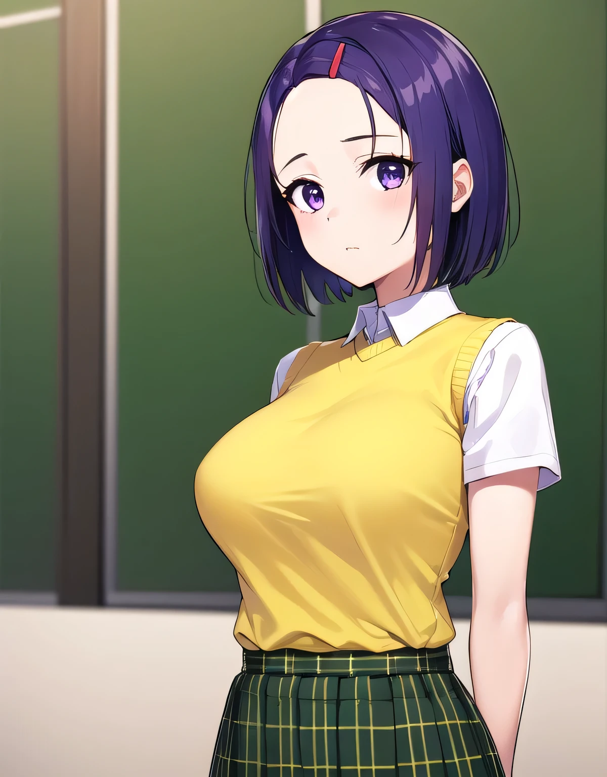 Haruna Sairenji, hair ornaments, hair clip, (purple eyes:1.1), purple hair, short hair, flowing bangs, (amount:1.2),green skirt, Plaid, Plaid skirt, Sainan High School , skirt, sweater vest, (yellow sweater:1.3), short sleeve,(big breasts:1.5),looking at the viewer,Are standing,(((masterpiece))),((highest quality)),perfect anatomy,8K UHD,highly detailed face,luster and luster,((1 girl)),((alone)),beautiful and fine eyes,perfect image,(Upper body:1.1),(look ahead:1.1),turn your arms behind your back,slim waist,(shiny hair),super detailed,disorganized,