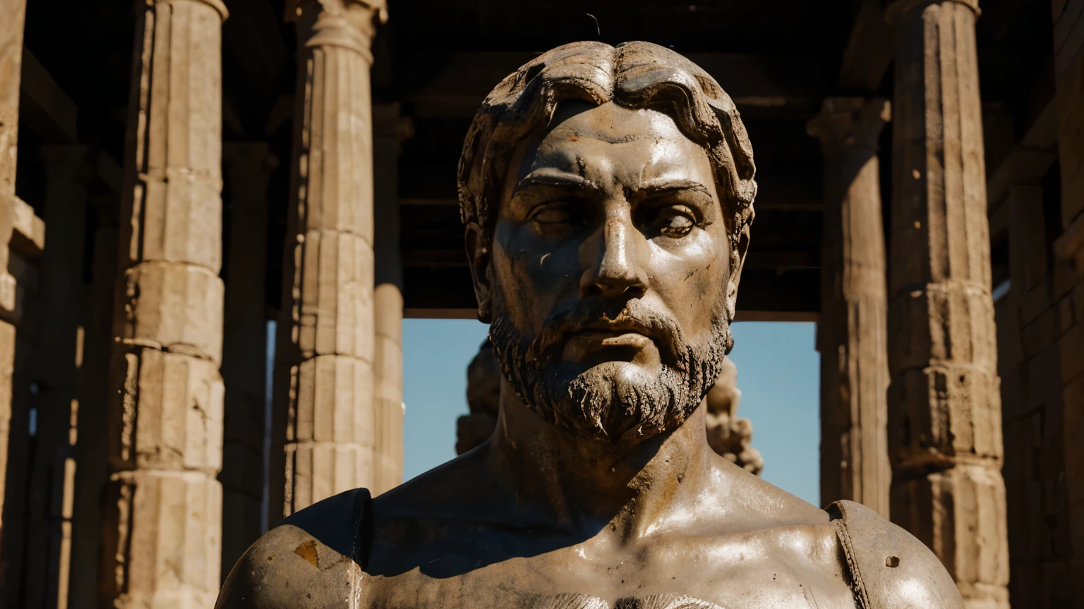 Ancient Stoic Statue With Very Angry Expression, tem barba, muitos detalhes em ambos os olhos, Outside, fundo atenas grego, open sky, com rosto extremamente detalhado full body view, Colors with low saturation with dark tone, Filmado em Sony A7S III com Sony FE 35mm f/1.8, 12.1 MP, --AR 3:2 --estilo cru