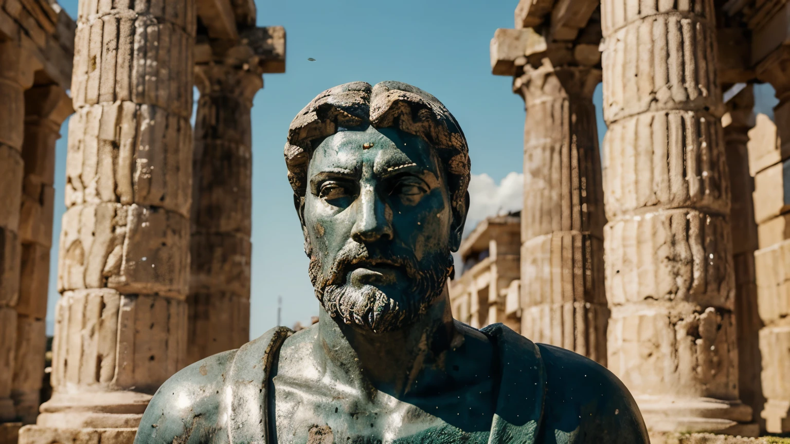 Ancient Stoic Statue With Very Angry Expression, tem barba, muitos detalhes em ambos os olhos, Outside, fundo atenas grego, open sky, com rosto extremamente detalhado full body view, Colors with low saturation with dark tone, Filmado em Sony A7S III com Sony FE 35mm f/1.8, 12.1 MP, --AR 3:2 --estilo cru