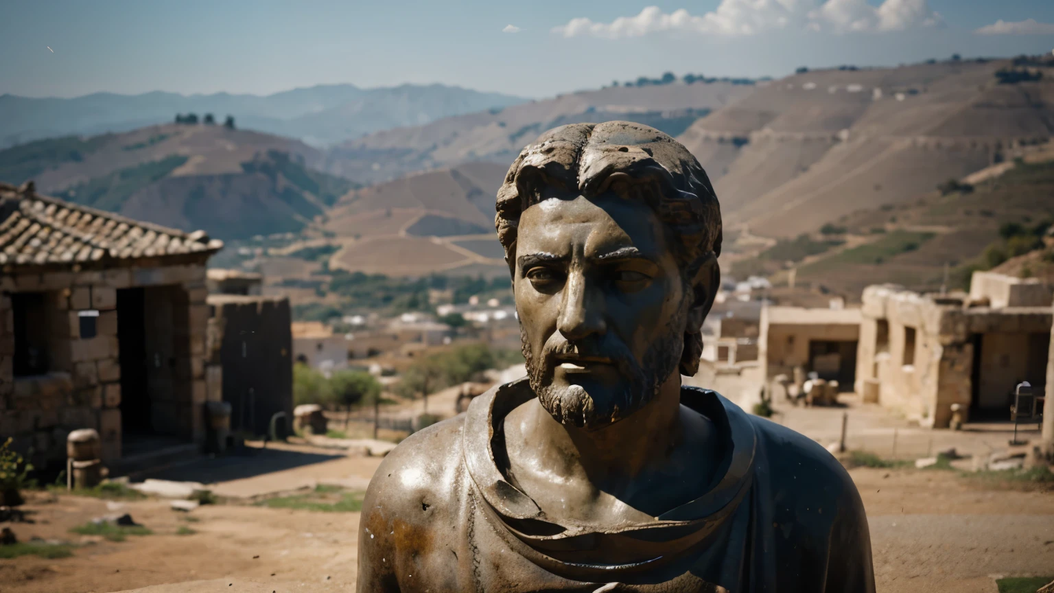 Ancient Stoic Statue With Very Angry Expression, tem barba, muitos detalhes em ambos os olhos, Outside, fundo atenas grego, open sky, com rosto extremamente detalhado full body view, Colors with low saturation with dark tone, Filmado em Sony A7S III com Sony FE 35mm f/1.8, 12.1 MP, --AR 3:2 --estilo cru