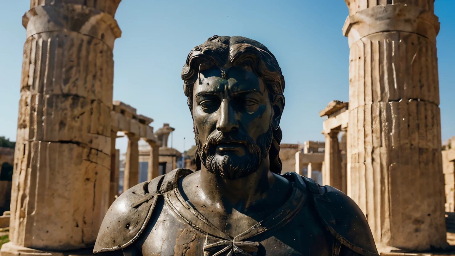 Ancient Stoic Statue With Very Angry Expression, tem barba, muitos detalhes em ambos os olhos, Outside, fundo atenas grego, open sky, com rosto extremamente detalhado full body view, Colors with low saturation with dark tone, Filmado em Sony A7S III com Sony FE 35mm f/1.8, 12.1 MP, --AR 3:2 --estilo cru