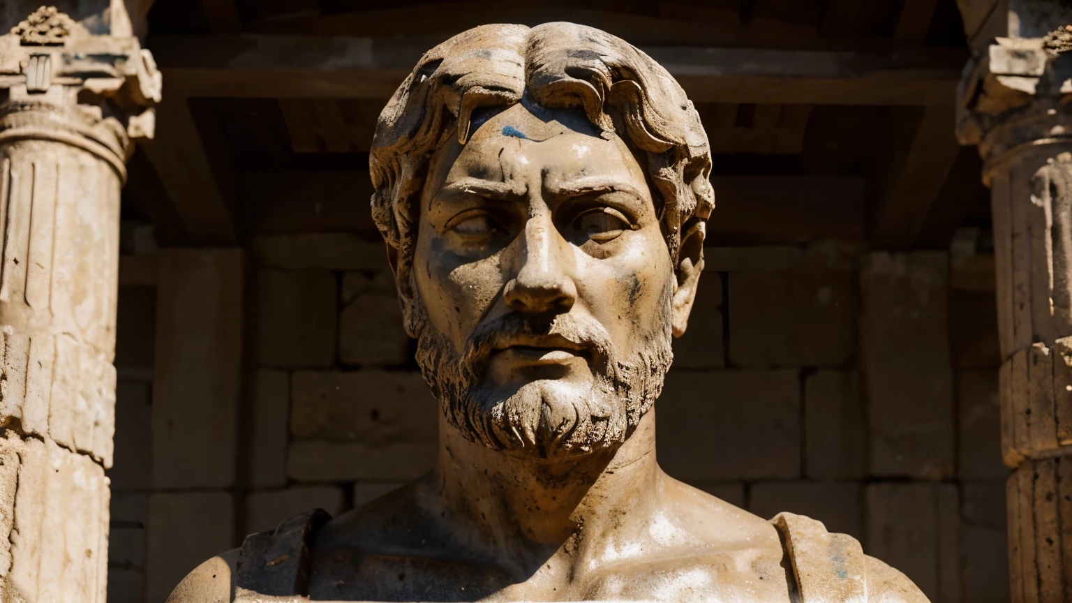 Ancient Stoic Statue With Very Angry Expression, tem barba, muitos detalhes em ambos os olhos, Outside, fundo atenas grego, open sky, com rosto extremamente detalhado full body view, Colors with low saturation with dark tone, Filmado em Sony A7S III com Sony FE 35mm f/1.8, 12.1 MP, --AR 3:2 --estilo cru