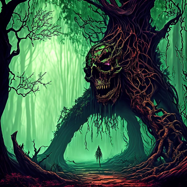 a monster,(((tree))),(tree monster),moving tree with skeletons, dead rotting skin on the face,detailed rotting peeling dead skin,full body view,(in the dark green forest),overgrown tomb,woodland cemetery,Dark Cursed Forest,Nocturnal environment,Mysterious shadows,Scary atmosphere,Menacing tree branches,withered leaves,Haunted environment,Distorted reality,dark and gloomy colors,gothic art style,Fusion of horror and fantasy