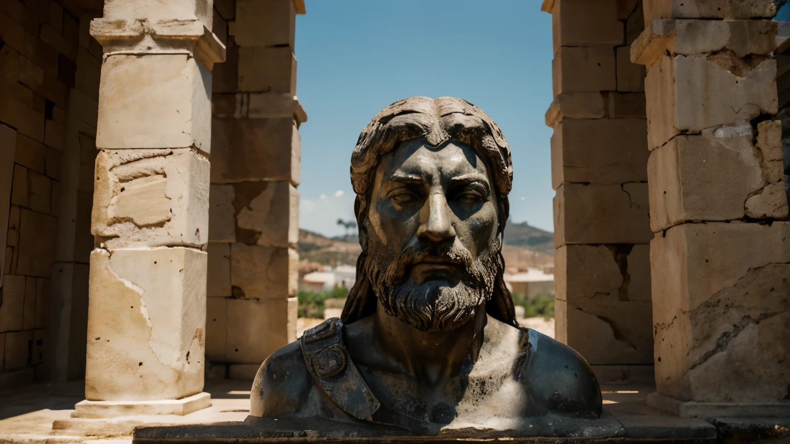 Ancient Stoic Statue With Very Angry Expression, tem barba, muitos detalhes em ambos os olhos, Outside, fundo atenas grego, open sky, com rosto extremamente detalhado full body view, Colors with low saturation with dark tone, Filmado em Sony A7S III com Sony FE 35mm f/1.8, 12.1 MP, --AR 3:2 --estilo cru