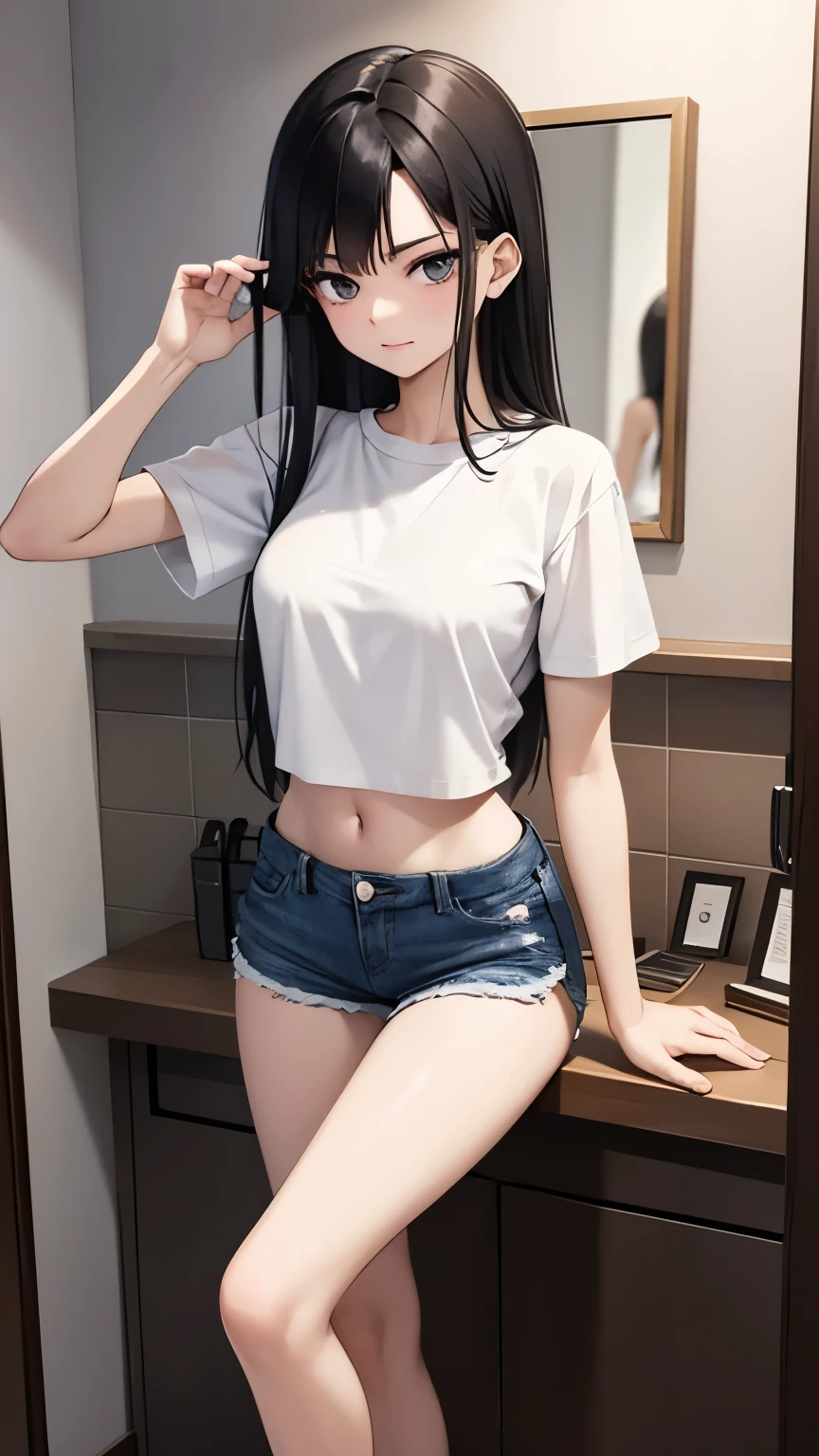 a woman，22 years old，long black hair，slim body，slender legs，Wearing white waistless short sleeves，Wearing low-waisted denim shorts，Show yourself to the mirror