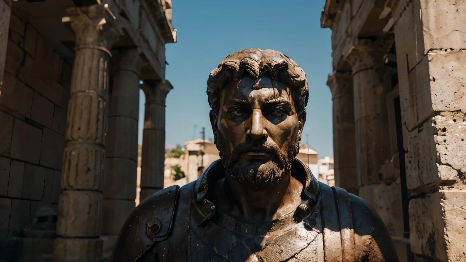 Ancient Stoic Statue With Very Angry Expression, tem barba, muitos detalhes em ambos os olhos, Outside, fundo atenas grego, open sky, com rosto extremamente detalhado full body view, Colors with low saturation with dark tone, Filmado em Sony A7S III com Sony FE 35mm f/1.8, 12.1 MP, --AR 3:2 --estilo cru