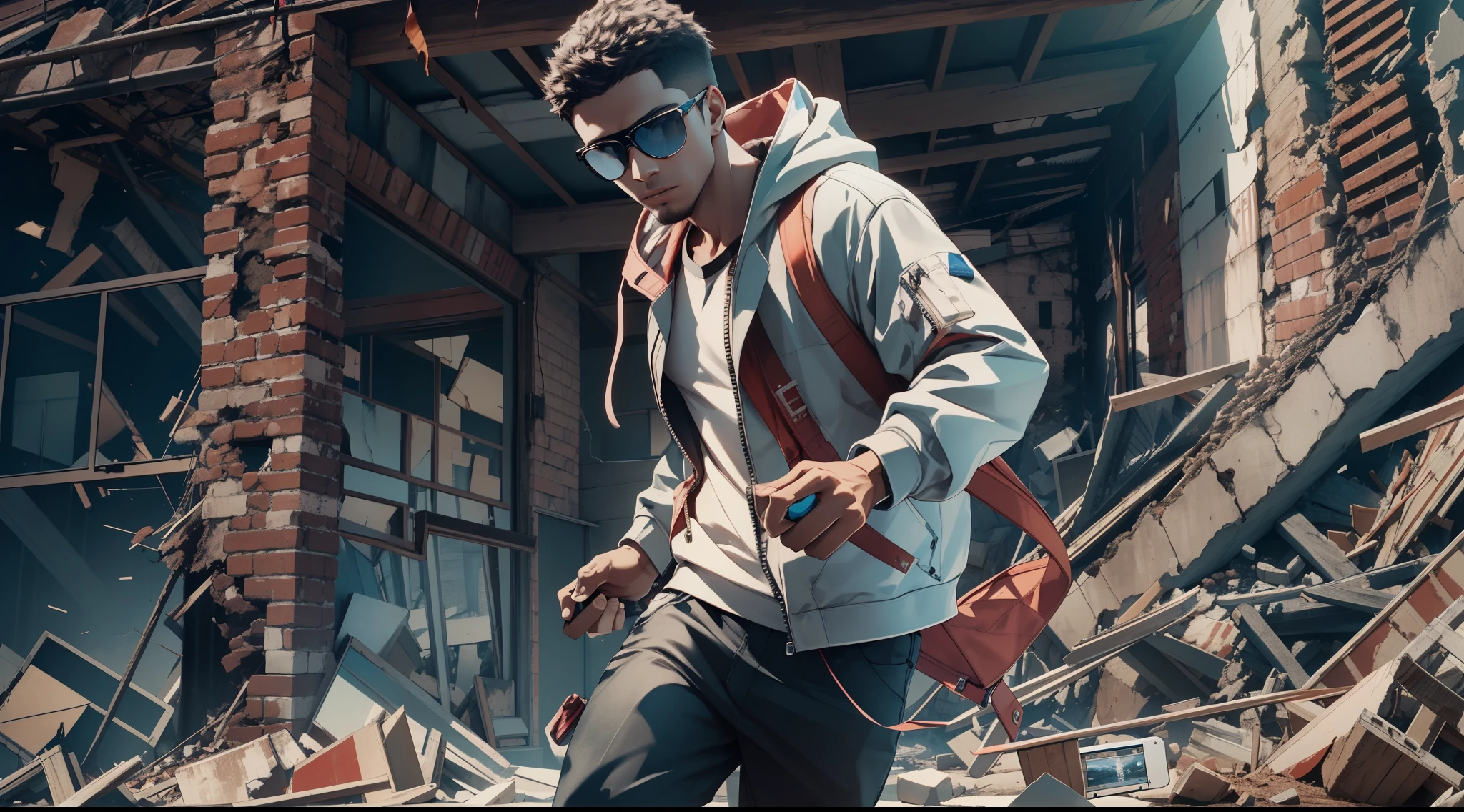 Capture the explosive moment as a young, dark-skinned man wearing glasses, dressed in a crisp white windbreaker hoodie, holds a katana while runs through on to the remains of a building turned to rubble by an explosion. This RAW masterpiece showcases an ultra-high resolution, photorealistic full-body portrait, illuminated by the warm glow of sunlight. The scene is rendered in the captivating style of mecha sci-fi anime, boasting an impressive 8K resolution for the best quality imagery. Crafted with Unreal Engine 1.4, this piece features ultra-realistic 64K CG, skin texture at 1.4, and volumetric fog to add depth and atmosphere. The details are further enhanced with 8K UHD, DSLR quality, film grain, and the artistic touch of lomography. The result is a stunning blend of high-quality visuals, translucent effects, and photorealism that truly captivates the viewer.