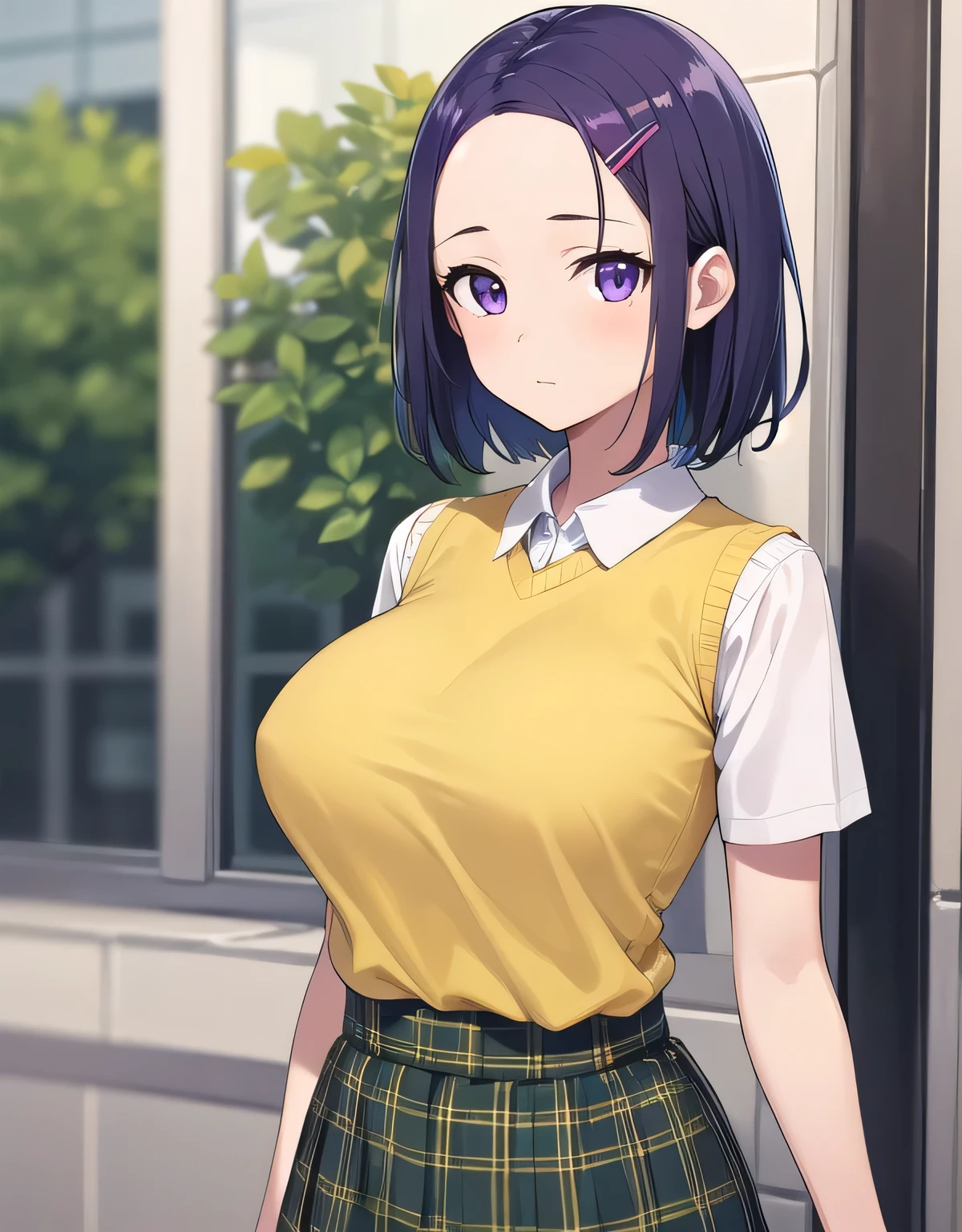 Haruna Sairenji, hair ornaments, hair clip, (purple eyes:1.1), purple hair, short hair, flowing bangs, (amount:1.2),green skirt, Plaid, Plaid skirt, Sainan High School , skirt, sweater vest, (yellow sweater:1.3), short sleeve,(big breasts:1.5),looking at the viewer,Are standing,(((masterpiece))),((highest quality)),perfect anatomy,8K UHD,highly detailed face,luster and luster,((1 girl)),((alone)),beautiful and fine eyes,perfect image,(Upper body:1.1),(look ahead:1.1),turn your arms behind your back,slim waist,(shiny hair),super detailed,disorganized,