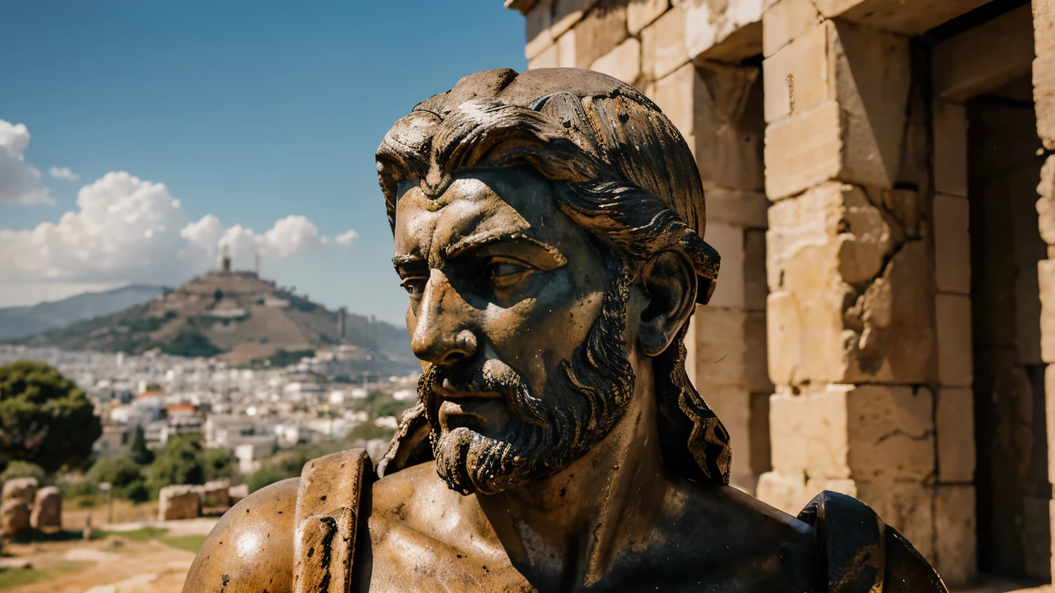 Ancient Stoic Statue With Very Angry Expression, tem barba, muitos detalhes em ambos os olhos, Outside, fundo atenas grego, open sky, com rosto extremamente detalhado full body view, Colors with low saturation with dark tone, Filmado em Sony A7S III com Sony FE 35mm f/1.8, 12.1 MP, --AR 3:2 --estilo cru