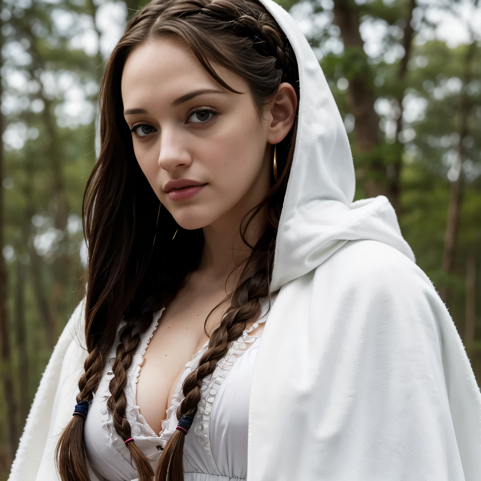 Kat Dennings, braided hair, white cloak